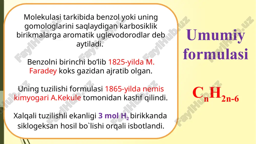 kimyoviy xossalari s t i r o l stirol butadiyen bilan sopolimerlanish reaksiyasida qatnashib butadiyen stirol kauchugini xosil qiladi. p o l i s t i r o l o'rinbosarlar yo'naltiruvchanlik xususiyatiga qarab ikki turga bo'linadi: orto-para- oriyentatlar -oh, -nh2, -nhr, -nr2, -or, -r, -sh, -sr, -nhcor, -ci meta- oriyentatlar -n02, -s03h, -chcl2, -cho, -cooh, -coor,-cn bu ikki tur o'rinbosarlardan foydalanib, nitroxlorbenzolning uchta izomerini hosil qilish mumkin: geksaxlorbenzol c6cl6 bilan g’alla urug’larini qattiq qorakuya kasalligiga qarshi dorilanadi. c4cl6 geksaxlorbutadiyen – 1,3 toklardagi filloksera (kuya) kasalligiga qarshi kurashda qo’llaniladi. c6h6cl6 geksaxlorsiklogeksan ( geksaxloran ) – insektitsid sifatida zararkunanda hashoratlarga qarshi ishlatiladi. i s h l a t i l i s h i p e s t i t s i d l a r lotincha pestis – maraz, zararli mikrob va cedo – o’ldiraman degan ma’noni anglatadi. pestitsidlarga quyidagilar kiradi: insektitsid - zararli hashoratlarga qarshi ishlatiladi akaritsid - kapalaklarga qarshi …