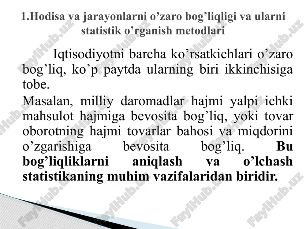 ash; belgilar o’rtasidagi bog’lanishni ifodalovchi regressiya tenglamasini aniqlash va uning parametrlarini hisoblash; bog’lanish zichligi va kuchini o’lchash. agar omil belgi (x) ning ortishi (yoki kamayishi) bilan natijaviy belgi ham ortib (yoki kamayib) borsa, ular o‘rtasidagi bog`lanish to‘g`ri bog`lanish deyiladi. aksincha, natijaviy belgining o‘zgarish yo‘nalishi omil belginikiga qarama-qarshi bo‘lganda bog`lanish teskari bo‘ladi. analitik ifodalarning ko’rinishiga qarab bog’lanishlar ikki turga, ya’ni: to’g’ri va egri chiziqli bog’lanishlarga bo’linadi. to’g’ri chiziqli bog’lanishda omil belgining o’zgarishi bilan natijaviy belgining o’zgarishi bitta yo’nalishda bo’ladi, ya’ni omil belgi oshib borsa, natijaviy belgi ham oshib boradi va aksincha. egri chiziqli bog’lanish (chiziqsiz bog`lanish) da esa, omil belgining o’zgarishi bilan natijaviy belgi ma’lum bir vaqtgacha u bilan parallel o’zgarib boradi, ma’lum bir nuqtaga etgandan so’ng natijaviy belgining o’zgarish yo’nalishi o’zgara boshlaydi. omil va natijaviy belgi orasidagi bog’liqlik analitik ifodalanishiga ko’ra quyidagi ko’rinishda bo’lishi mumkin: bu erda : u va x - regressiya tenglamasining o’zgaruvchilari; a0 – ozod xad; a1 …