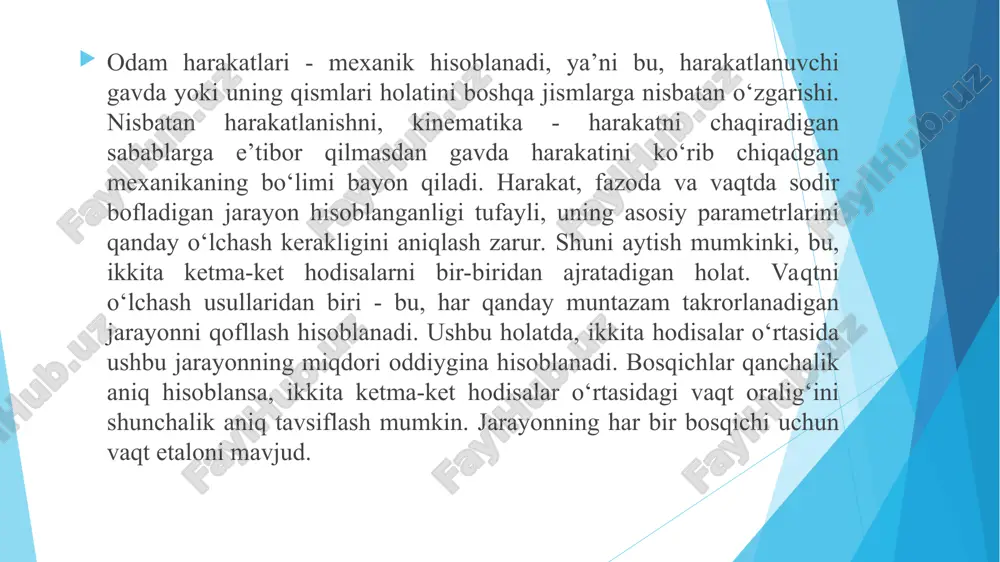ng, m/s: murakkab harakatlar odam tanasi va gavdasi zvenolari ikkita: ilgarilanma va aylanma harakatlarda ishtirok etadi. ilgarilanma harakat deb, gavda ichidagi ixtiyoriy nuqtalar oraligbidan olib o‘tilgan har qanday bo‘lak, hisoblash jismiga nisbatan o‘zining orientirini yo‘qotmaydigan harakatga aytiladi. gavdaning barcha nuqtalari traektoriyalari bir-biriga parallel bo‘lgan chiziqlar hisoblanadi. aylanma harakat deb, gavda ichidagi nuqtalarning ayrim ko‘pchiligi hisoblash jismiga nisbatan harakatsiz bo‘lib qoladi va aylanish o‘qini hosil qiladi. gavdaning barcha qolgan nuqtalari o‘qqa nisbatan konsentrik aylanalar bo‘ylab bir xildagi burchak tezlanishi bilan harakatlanadi. aylanish chastotasi - bu, gerslarda (gs) o‘lchanadigan birlikka teng bo‘lgan vaqt bo‘lagiga joylashadigan to‘liq bosqichlar miqdori: vaqt parametrlaridan tashqari, aylanma harakat burchak va chiziqli parametrlar bilan ham tavsiflanadi. odam gavdasi harakatlarini vaqt ichidagi va fazodagi ifodalanishlari odam gavdasi nuqtalarining fazodagi koordinatalari berilsa, vaqtning har qanday momentida uni fazodagi holatini ifodalash mumkin. mashqni bajarish texnikasini o‘zlashtirish vaqtida gavda zvenolarini fazoda nisbatan joylashishi, ya’ni odamning pozasi ko‘pincha katta qiziqish uyg‘otadi. sportda poza, …
