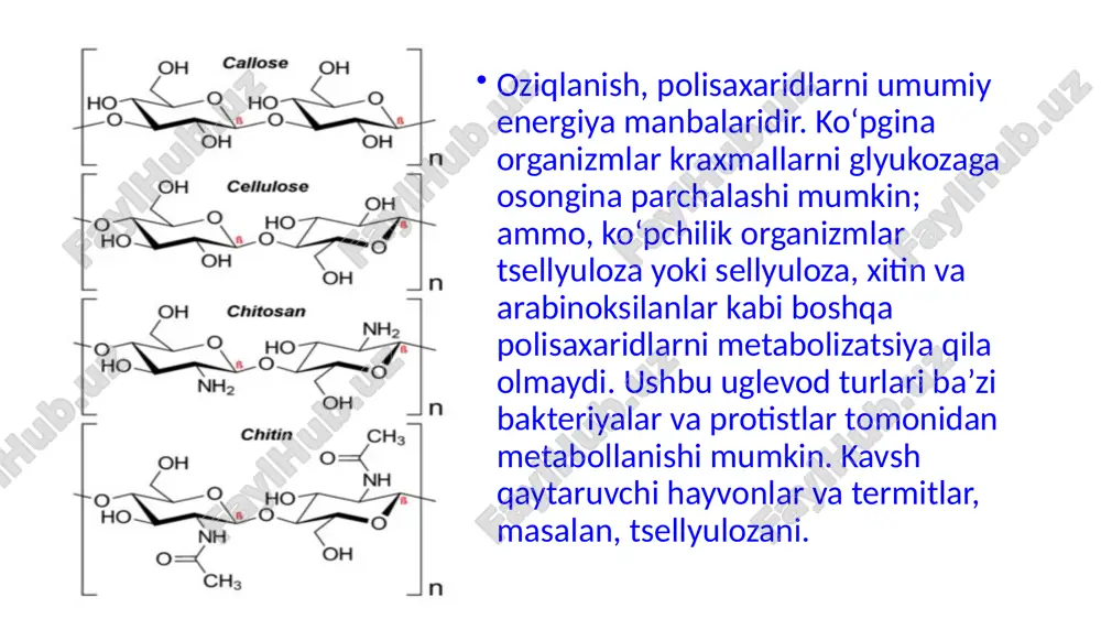 p gazlamalar ham sellulozadan qilingan buyumlar hisoblanadi. yog‘och tarkibida ham ko‘p miqdorda uchraydi. selluloza selluloza ham xuddi kraxmalga o‘xshab tabiiy yuqori molekular polimeridir. selluloza va kraxmalning umumiy formulasi ham o‘xshash va tarkibi jihatdan ham glukoza zvenolaridan iborat. bu polisaxaridlar bir-biridan glukoza qoldig‘ining har xil bog‘lanishi bilan farq qiladi. kraxmal inson uchun muhim ovqat hisoblansa, sellulozadan bu maqsadda foydalanib bo‘lmaydi. fizik xossalari selluloza – mazasiz, hidsiz, tolasimon oq modda, suvda erimaydi, sellulozaning molekular massasi juda katta hisoblanadi. kraxmal selluloza kimyoviy xossalari selluloza “kumush ko‘zgu” reaksiyasini bermaydi (aldegid guruhi yopiq). selluloza kislotalarda eritilganda qisman gidrolizlanadi. bunda glukoza hosil bo‘ladi. (c6h10o5)n + (n-1)h2o nc6h12o6 selluloza glukoza h2so4 , t0 kimyoviy xossalari selluloza ham yonadi. bunda uglerod(iv) oksid va suv hosil bo‘ladi. (c6h10o5)n + 6no2 6nco2 + h2o foydalanilgan adabiyotlar: 1. y.x.to’raqulov. bioximiya, toshkent, "o’zbekiston", 1996. 2. a.qosimov, q.qo’chqorov, s.teshaboyev. bioximiya, toshkent, "ўqituvchi", 1988. 3. a.imomaliyev, a.zikriyoyev. o’simliklar bioximiyasi, toshkent, "mehnat", 1987. 4. y.b.filippovich. …