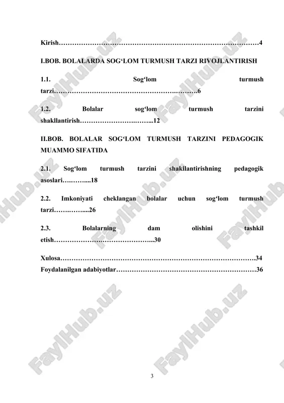 gil ko‘tara oladigan har tomonlama taraqqiy etgan shaxsning shakllanish jarayoniga aytiladi.o‘zbekiston respublikasining ijtimoiy va iqtisodiy taraqqiyoti o‘sib va rivojlanib borayotgan hozirgi davrda sog‘lom turmush tarzining ijtimoiy –gigienik mezonlarini aniq belgilab olishning ahamiyati juda kattadir. kurs ishining maqsadi: bolalarda sog‘lom turmush tarzi rivojlantirish ijtimoiy pedagogik muammo sifatida o’rganish kurs ishining ob’ekti: bolalarning sog‘lom turmush tarzi hisoblanadi. kurs ishining amaliy ahamiyati. salomatlik har bir insonning, shuningdek, butun jamiyatning bebaho boyligidir. bizga yaqin odamlar bilan uchrashganda va ular bilan xayrlashayotganda biz ularga doimo sog'lik tilaymiz, chunki bu to'liq va baxtli hayotning asosiy shartidir. kurs ishining predmeti: bolalarda sog‘lom turmush tarzi rivojlantirish mazmuni, shakli va metodlaridan foydalanish mazmuni. kurs ishining vazifalari: 1. sogʻlom turmush tarzini shakllantirishning pedagogik asoslari 2. imkoniyati cheklangan bolalar uchun sogʻlom turmush tarzi 3. bolalarning dam olishini tashkil etish 1. kurs ishining tarkibi va hajmi. kirish, 2 bob, 5 paragrif, xulosa va foydalanilgan adabiyotlar ro'yxatidan tashkil topgan. barcha ma'lumotlar jami 30 …