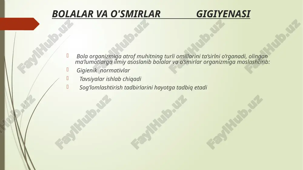 zorati ostida. jismoniy rivojlanish o’rganish somatoskopik mezonlar muskul-skelet tizimining holati ko'krak, orqa yetuklik davri somatoskopik ko*rsatkichlarlar teri-teri osti yog kletchatkasi holati muskul-skelet tizimining holati ko'krak qafasi shakli umurtqa pogonasi shakli oyoqlar shakli balog'atga etishish darajasi qomatning shakli основные виды осанки (а - лордотична б - кифотична; в - правильная г - сутулый д - выпрямлена) skoliozni aniqlash usuli skoliozometr skoliozni oldini olish usullari oyoq shakli формы нижних конечностей (а - нормальная, б - x-образная; в - о  образная) yassi oyoqlilikni aniqlash usuli yassi oyoqlilikni oldini olish somatometrik mezonlar tananing uzunligi va uning alohida qismlari tana massasi diametrlar va konturlar fiziometrik ko*rsatkichlar o*pkaning tiriklik sigimi mushaklarning kuchi, turg'unligi puls arterial bosim jismoniy rivojlanishni baholash sigmal og'ish usuli jismoniy rivojlanishni regressiya shkalasi bo'yicha baholash kompleks baholash sentil usuli e’tiboringiz uchun rahmat image1.jpeg image2.jpeg image3.jpeg image4.jpeg image5.jpeg image6.jpeg image7.png image8.jpeg image9.jpeg image10.jpeg image11.jpeg image12.jpeg image13.jpeg image14.jpeg image15.jpeg image16.png image17.jpeg image18.jpeg image19.png image20.jpeg …