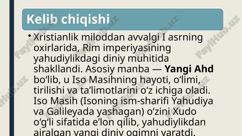 va ta’limotlarini o‘z ichiga olgan matnlar). xristianlar bibliyani xudoning so‘zi va ilohiy ko‘rsatmasi sifatida qabul qiladilar. yangi ahd xristianlarning ta’limotlari va ahloqiy qadriyatlarining asosidir. 6. marosimlar va ibodatlar xristianlikda bir qator muqaddas marosimlar mavjud, ular orasida eng muhimlari: suvga cho‘mish (xristianlikka kirish marosimi). isoning tana va qonini qabul qilish — bu marosimda xristianlar iso masihning go‘shtini va qonini ramziy ravishda yegandek bo‘ladilar (bu marosimni eucharistiya deb ataladi). dua va ibodat — xristianlar har kuni xudoga ibodat qilishni, uning rahmatini so‘rashni o‘rgatadi. xristian dinining ijtimoiy va madaniy ahamiyati jamiyatdagi axloqiy me’yorlar: xristianlik dunyo bo‘ylab jamiyatlarning axloqiy me’yorlarini shakllantirgan asosiy manbalardan biridir. bu dinning asosiy g‘oyalari, jumladan, inson huquqlari, tenglik, kechirimlilik, yordam berish va sevgini targ‘ib qilish, ijtimoiy adolat va insoniyatning yaxshilanishiga hissa qo‘shgan. xristian bayramlari: xristianlikning madaniy hayotdagi ahamiyati, bayramlar orqali ham ko‘rinadi. masalan, rojdestvo (iso masihning tug‘ilishi) va pasxa (iso masihning tirilishi) kabi bayramlar dunyo bo‘ylab nishonlanadi va ular ijtimoiy …
