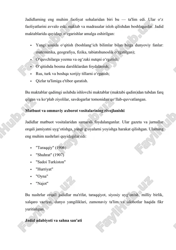 larni o‘qitish, jamiyatdagi mavqeini ko‘tarish, ularni ham taraqqiyotga jalb qilish. 4. diniy islohot: islomni asl mohiyatini tiklash, uni zamonaviylik bilan uyg‘unlashtirish. 5. ijtimoiy tenglik: har bir insonning huquqi, adolat, mehnat, halollik, to‘g‘rilik haqida targ‘ib. jadidlar va siyosiy faoliyat jadidlar siyosiy sohada ham faol bo‘lishgan. xususan, 1917-yilgi fevral inqilobidan keyin, vaqtincha hukumat sharoitida ular faol ravishda milliy muxtoriyat talab qilishgan. 1917-yil noyabrda qo‘qon shahrida "turkiston muxtoriyati" e'lon qilinadi. bu tarixiy hodisa jadidlar tomonidan boshqarilgan bo‘lib, ularning siyosiy qarashlari amaliyotga aylangan ilk tajriba edi. biroq bu muxtoriyat faqat 72 kun yashadi. 1918-yil yanvar oyida sovet kuchlari qo‘qonni bosib olib, muxtoriyatni tugatdi. jadidchilikning tarixiy ahamiyati jadidlar turkiston tarixida o‘ziga xos burilish yasagan ziyolilar harakati bo‘lib, ular: · millat ongini uyg‘otdi; · zamonaviy ta'lim asoslarini yaratdi; · matbuot va sahna san'atini shakllantirdi; · ayollar masalasini ko‘tarib chiqqan birinchi qatlam bo‘ldi; · mustaqillik va milliy tiklanish g‘oyalarini yoydi. garchi sovet davrida ular "xalq dushmani" deb …