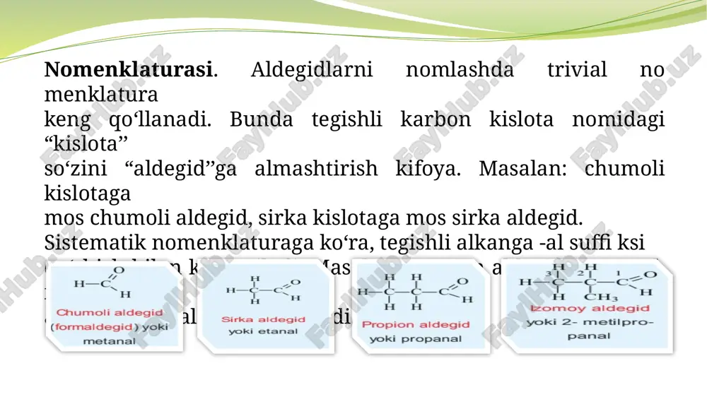 a xushbo‘y bo‘ladi; ba’zan uning hidi olma hidini eslatadi (olma tarkibida ozroq miqdorda sirka aldegid bor). laboratoriya sharoitida asetaldegid, odatda, etil spirtni kislotali muhitda kaliy bixromat bilan oksidlab olinadi sanoatda asetaldegid, asosan: — etil spirt bug‘ini katalizator (mis) ta’sirida oksidlash; — asetilenni katalizator (simob) ishtirokida suv bug‘i bilan gidratlash; — etilenni palladiy tuzlari ishtirokida havo kislorodi bilan oksidlash natijasida olinadi. bu usullar orasida tobora ko‘p qo‘llanilayotgani etilenni to‘g‘ridan to‘g‘ri oksidlashdir: aldegid o’rmoni olinishi xossalari umumiy formulasi vakillari ishlatilish soxalari sifat reaksiyalari vakillari xidi farm soxadagi o’rni asetaldagid va formaldagid haqida tushunchalar xullosa aldegidlar – organik birikmalar bo'lib, ularning tarkibida oxirgi uglerod atomiga birikkan karbonil guruhi () mavjud. ular umumiy formulasi ko'rinishida ifodalanadi, bunda r – vodorod atomi yoki uglevodorod radikali bo'lishi mumkin. aldegidlar tarkibida karbonil guruhi mavjudligi tufayli ular yuqori reaktivlikka ega. foydalangan adabiyotlar ro’yxati: 1.masharipov,tirkashev “kimyo darsligi” 2.abdusamatov a, mirzayev r, ziyayev r “ organik kimyo “ 3.10sinf kimyo …
