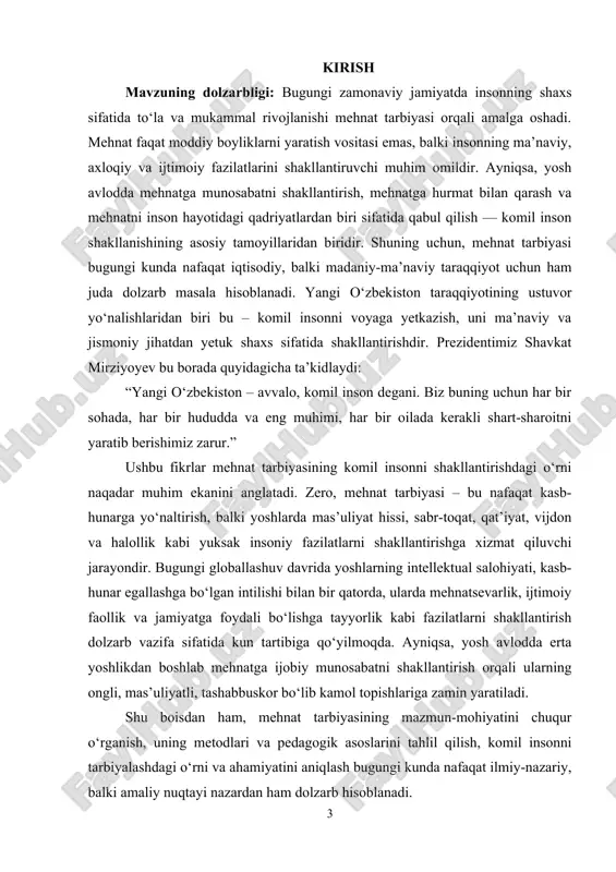 kurs ishining obyekti sifatida mehnat tarbiyasi jarayoni, uning pedagogik va psixologik asoslari, shuningdek, mehnat tarbiyasining shaxsning umumiy tarbiyasidagi roli o‘rganiladi. kurs ishining predmeti - predmet sifatida komil insonni shakllantirish jarayonida mehnat tarbiyasining mazmuni, usullari, shakllari va samaradorligi hamda ularning yoshlarning shaxs sifatida rivojlanishidagi ta’siri tadqiq qilinadi. bundan tashqari, kurs ishida mehnat tarbiyasini amalga oshirish usullari va metodik vositalari ham predmet sifatida ko‘rib chiqiladi. kurs ish metodlari: tadqiqotda mavzuga oid pedagogik va metodik adabiyotlar, o‘quv dasturlar, darsliklar, o‘quv qo‘llanmalarni qiyosiy-tanqidiy o‘rganish, tahlil yetish va umumlashtirish, boshlang’ich sinflarda sinfdan tashqari mashg’ulotlarini tashkil etish jarayonini kuzatish va tahlil qilish, suhbat, anketa, kuzatish, test so‘rovlari, tajriba-sinov ishlarini o‘tkazish hamda natijalarini olishda matematik-statistika metodlaridan foydalanilgan. kurs ishning nazariy va amaliy ahamiyati: mehnat tarbiyasi orqali shakllanadigan inson — jamiyatning faol, mas’uliyatli, ijtimoiy jihatdan yetuk a’zosi hisoblanadi. mehnat odatlari va mehnatga bo‘lgan ijobiy munosabat yoshligidan shakllantirilganda, u inson hayotining turli jabhalarida samarali faoliyat ko‘rsatadi. shu bois, mehnat …