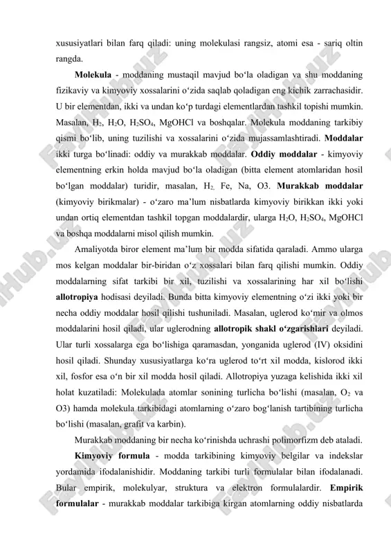ro bogʻlanish tartibining turlicha boʻlishi (masalan, grafit va karbin). murakkab moddaning bir necha koʻrinishda uchrashi polimorfizm deb ataladi. kimyoviy formula - modda tarkibining kimyoviy belgilar va indekslar yordamida ifodalanishidir. moddaning tarkibi turli formulalar bilan ifodalanadi. bular empirik, molekulyar, struktura va elektron formulalardir. empirik formulalar - murakkab moddalar tarkibiga kirgan atomlarning oddiy nisbatlarda ifodalanishidir. molekulyar formula - modda molekulasidagi atomlar soni aniq aks ettiriladi, lekin ularning qay tarzda bogʻlanganligini koʻrsatmaydi. struktura (tuzilish yoki grafik) formulasi - modda molekulasidagi atomlar bogʻlanishining valent chiziqlar bilan ifodalanishidir. elektron formulasi - modda molekulasi tarkibidagi atomlarning har birini tashqi valent pogʻonasidagi bogʻlovchi va taqsimlanmagan elektronlarni aks ettirgan formuladir. valentlik deb element atomining boshqa elementlar atomlaridan aniq sonlarda biriktirib olish qobiliyatiga aytiladi. valentlik kimyoviy formulani turli koʻrinishlarida, indekslarni aniqlashda muhim ahamiyatga ega. moddalar tarkibi va ularda boʻladigan oʻzgarishlarni tushunish hamda miqdor jihatidan ifodalash kimyoning asosiy qonunlari yordamida amalga oshiriladi. kimyoning asosiy stexiometrik qonunlari: massalar saqlanish qonuni, tarkibning …