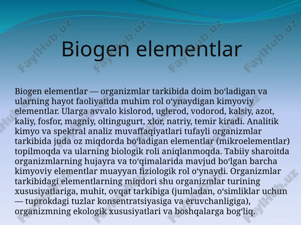 iqdori jinsiy kamolotga yetishish davrida maksimai qiymatga yetadi, so'ngra yosh ulg‘ayishi bilan kamayib boradi. yosh ulg‘ayishi bilan organizmdagi xrom, vannadiy kabi mikroelementlar miqdori ham kamayishi kuzatiladi. organizmda mikroelementiarning yetishmasligi yoki ortiqcha to'planishi hisobiga vujudga keladigan turli xil kasalliklaraniqiangan. ftorning yetishmasligi tish kariysiga, yodning yetishmasligi endemik bo'qoq kasalligiga, molibdenning ortiqchaligi endemik padagra kasalligigaolib keladi. bunday qonuniyatodam organizmida hayot uchun zarur bolgan mineral moddalar konsentratsiyasi oshganda zararli ta’sir ko'rsatadi. bir qancha elementlar (kumush, simob, kadmiy va boshqalar) zaharli hisoblanadi, chunki ulaming organizmga oz miqdorda kirishi ham og‘ir kasalliklarga olib keladi. organizmda biogen elementlarning yetishmasligi tufayli turli kasalliklar paydo boisa, biogen elementlarning ortiqchaligi ham nojo‘ya ta’sirlarni yuzaga keltirib kimyoviy gemostaz hosil bo’lishiga olib keladi. agar organizmga oziq moddalar bilan ortiqcha marganes kiritilsa plazmada mis miqdori ortadi( mn va cu sinergizmi), lekin buyrakda mis midori kamayadi(antagonism). oziq moddalarda molibden miqdorining ortishi jigarda mis miqdorini ortishiga sababchi bo'ladi. oziq moddalarda rux miqdorining oitishi tarkibida temir …
