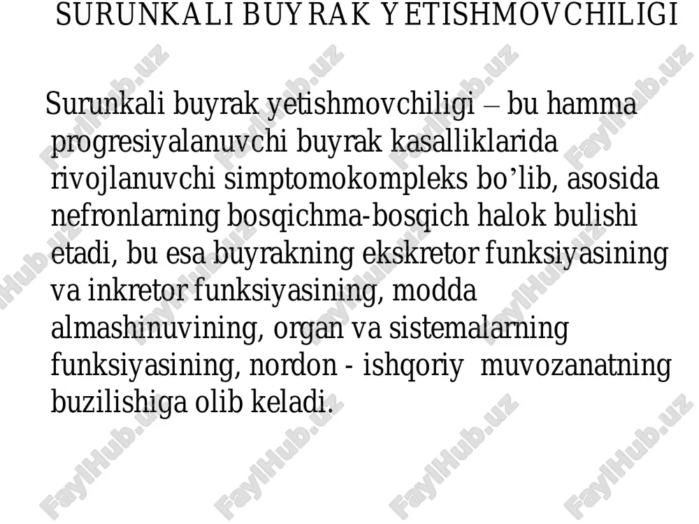 l/l. koptokchalar filtasiyasi - 30-40 ml/min. qon elektorlitlari – giponatriemiya kuzatilishi mumkin. metabolik asidoz-yuk. sbye tasnifi (davomi) intermittik bosqichi shikoyatlari: dispepsiya, chanqash, tez charchash, bosh og’rigi, uyqu buzilishi, kungil aynishi. diurez - kuchli poliuriya. gemoglobin – 67-83. mochevina – 10.1-19.0 mol/l. kreatinin - 0.3-0.6 mmol/l. koptokchalar filtasiyasi - 20-30 ml/min. qon elektorlitlari – giponatriemiya, gipokalsiemiya. metabolik asidoz – o’rta darajada rivojlangan. terminal bosqich darajasi i buyrakni suyuqlik ajratish funksiyasi saqlangan. koptokchalar filtrasiyasi: 10-15 ml/min. azotemiya. asidoz o’rta darajada. iia oligo-, anuriya, suyuqlik ushlanishi, diselektrlitemiya. giperazotemiya. asidoz. yurak-qon sistemasida o’zgarishlar boshlanadi. arterial gipertenziya. qon aylanish etishmovchiligi iia. iib iia bosqichidagi o’zgarishlar ogirroq ko’rinishi. qon aylanish iib. iii ogir uremiya, giperazotemiya (>285 mmol/l), diselektrolitemiya, asidoz dekompensasiyalangan. ogir yurak va qon aylanish etishmovchiligi, yurak astmasi hurujlari, anasarka, ichki organlar ogir distrofiyasi. klinikasi siydik konsentrasiyasining kamayishi sababli osmolyarligi qon osmolyarligiga teng bo'ladi. buyrak koptokchalarining filtrasiyasi hamda kanalchalarning reabsorbsiyasi pasayishi tufaylipoliuriya rivojlanadi va siydik bilan …