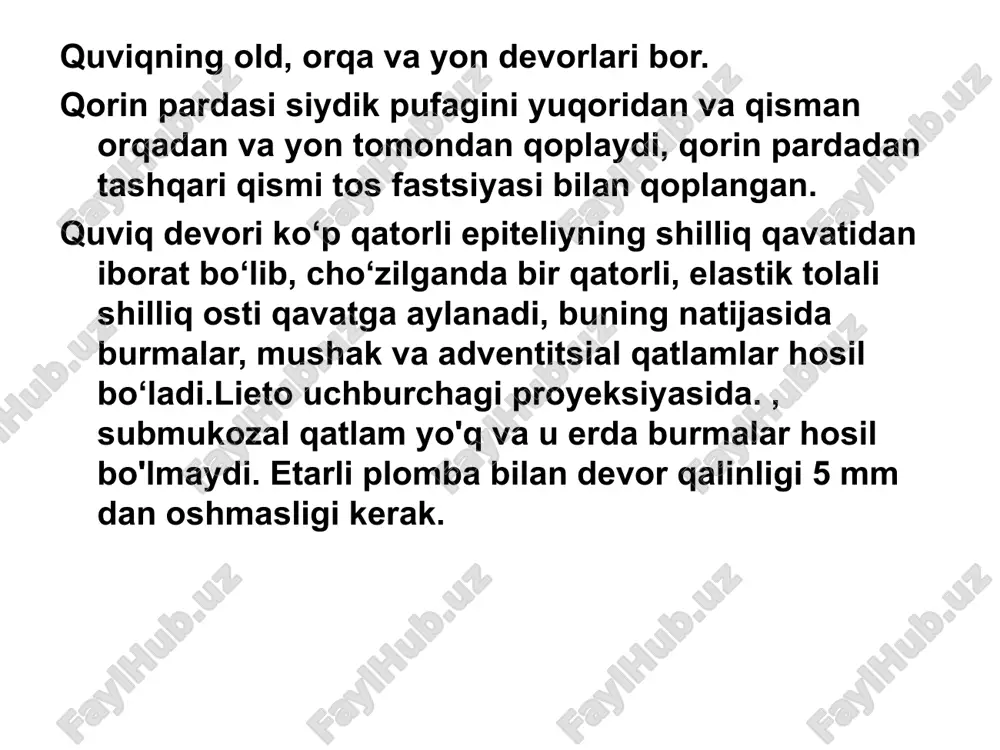 g ko'p qismini to'ldiradi va ayollarda u sistosel (quviq prolapsasi) belgilarini taqlid qilib, siydik yo'llari orqali tushishi mumkin. quviqning neoplastik bo'lmagan kasalliklari quviqdagi toshlar quviqning yallig'lanish kasalliklari quviq jarohatlari quviq psevdodivertikullari quviqdagi toshlar quviqdagi toshlar siydik pufagidan siydik chiqishining buzilishi fonida paydo bo'ladi, ammo siydik chiqishi buzilmasa, buyraklardagi toshlar siydik pufagi orqali tranzitda o'tadi. chiqib ketish buzilishining asosiy sabablari: adenoma, saraton, prostata sklerozi, uretraning strikturasi insult, orqa miya shikastlanishi natijasida neyrogen siydik pufagi quviq divertikullari quviqda begona jismlarning mavjudligi (inley) quviqning yallig'lanish kasalliklari sistitning ultratovush rasmi ko'pincha o'zgarmaydi. quviqning o'tkir yallig'lanishining belgisi 5 mm dan ortiq to'lganida uning devorlarining qalinlashishi va nisbatan kichik hajmdagi siyish istagi bo'lishi mumkin. sistitning mavjudligi siydik pufagida nozik ekojenik suspenziya, fibrin iplari va fundus proektsiyasida giperekoik cho'kma bilan ko'rsatilishi mumkin. quviq jarohatlari quviq yorilishi to'liq bo'lmagan yoki to'liq bo'lishi mumkin, ular ekstraperitoneal va intraperitonealga bo'linadi. to'liq bo'lmagan yorilishlar bilan submukozal yoki intramural gematomalar hosil bo'lib, …