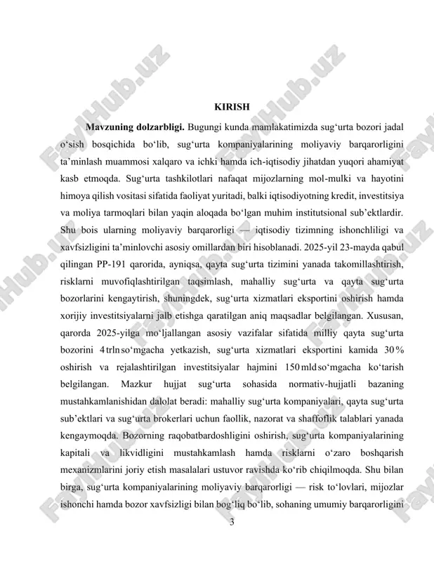 a likvidlikni boshqarish, risklarni diversifikatsiya qilish va qayta sug‘urtalash usullarini o‘rganish. · moliyaviy barqarorlikni oshirish bo‘yicha amaliy va strategik tavsiyalar ishlab chiqish. · sug‘urta kompaniyalarining huquqiy va normativ bazasi orqali moliyaviy barqarorlikni ta’minlash mexanizmlarini tahlil qilish. kurs ishining obyekti. o‘zbekiston respublikasi sug‘urta bozori faoliyati sharoitida sug‘urta kompaniyalarining moliyaviy barqarorligini ta’minlovchi iqtisodiy munosabatlar tizimi, moliyaviy boshqaruv jarayonlari, kapital va rezervlarni shakllantirish hamda ulardan samarali foydalanish mexanizmlaridir. kurs ishining predmeti. sug‘urta kompaniyalarida moliyaviy barqarorlikni ta’minlashning konkret usullari, jumladan kapitalni boshqarish, likvidlikni saqlash, risklarni diversifikatsiya qilish va qayta sug‘urtalash mexanizmlari. kurs ishning tuzilmasi. kurs ishi kirish, ikki bob, xulosa va foydalanilgan adabiyotlar ro‘yxatidan iborat. i-bob. sug‘urta kompaniyalarida moliyaviy barqarorlik omillari 1.1. sug‘urta kompaniyalarida moliyaviy barqarorlik omillari sug‘urta kompaniyasining moliyaviy barqarorligi uning kapitali bilan bevosita bog‘liq bo‘lib, kapital kompaniyaning moliyaviy chidamliligini, majburiyatlarni bajarish qobiliyatini va bozor sharoitida yuzaga keladigan kutilmagan moliyaviy yo‘qotishlarga qarshi chidamliligini belgilaydi. kapital sug‘urta kompaniyasining nafaqat ichki moliyaviy barqarorligi, balki mijozlar, …