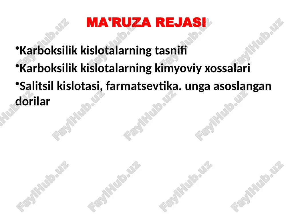 lik kislotalarning tasnifi ii . kichik funktsional guruhlarning mavjudligiga qarab, ular quyidagilarni ajratadilar: a ) gidroksi kislotalar cooh ho–c–h ch 3 l (+) - sut ( 2 -) gidroksipropan kislotasi (tuzlar - laktatlar ) misol: l - sut kislotasi d - sut kislotasi karboksilik kislotalarning tasnifi cooh ho–c–h ch 2 cooh l (-) - olma kislotasi (2- gidroksibutandioik ) kislota (tuzlar - malatlar ) karboksilik kislotalarning tasnifi cooh ch 2 h–c–oh ch 3 d (+) – b - gidroksibutirik (2- gidroksibutanoik ) kislota, tuz - b - gidroksibutiratlar cooh h o - c - ch 2 - cooh c h 2 - cooh limon (2-gidroksipropan- 1,2,3-trikarboksilik kislota, tuzlar - sitratlar karboksilik kislotalarning tasnifi gidroksi kislotalar odatda qattiq moddalardir. rasemik sut kislotasi suyuq bo'lishi mumkin (mp 18 ° c). gidroksi kislotalar deyarli gidroksi kislotalar biologik kimyoda juda muhim; ular juda ko'p muhim metabolik yo'llarda - krebs siklida, glikolizda, pentozafosfat tsiklida, yog' …