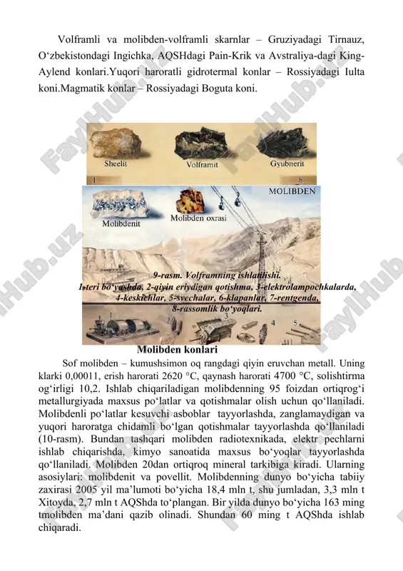 gidrotermal konlar – rossiyada (smirnov, xapcherang). boliviya, meksika, yaponiya, xitoydagi konlar. 4. greyzen konlari – rossiyada (chapayev koni), qirg‘izistonda (aqtas koni). 5. skarn konlari – markaziy osiyodagi mayxura va rossiyadagi smirnov koni. 6. sochma konlar – bunday konlarining 70 foizi chet ellarda; 30 foizi rossiyada. rossiyada pirkakat, deputat, malayziyada perak. perak koni eng ulkan konlardan hisoblanadi. 11-rasm. qalayning asosiy minerallari va ishlatilishi. 1-konserva bankalari, 2-tunika qoplamalari, 3-quvurlar, 4-qotishmalar, 5-kavsharlash uchun, 6-quymalar, 7-folga. surma konlari sof surma – oqish kul rangdagi metal. surmaning klarki 0,00005; erish harorati 630 °с, qaynash harorati 1625 °c, solishtirma og‘irligi 6,33. ishlab chiqarishda surmaning asosiy qismi yumshoq metallar bilan ularni mustahkam qilish uchun qorishmalar sifatida qo‘llaniladi. bunday qotishmalar akkumulator plastinkalari ishlab chiqarishda, tipografik qotishmalar tayyorlashda, kimyo sanoati uchun quvurlar tayyorlashda qo‘llaniladi. surmaning germaniy bilan arashmasi uning yarim o‘tkazgichlik xususiyatini kuchaytiradi. bundan tashqari surma kauchukni vulkanizatsiya qilishda, alangaga chidamli bo‘lgan bo‘yoq ishlab chiqarishda, yonmaydigan matolar ishlab chiqarishda …