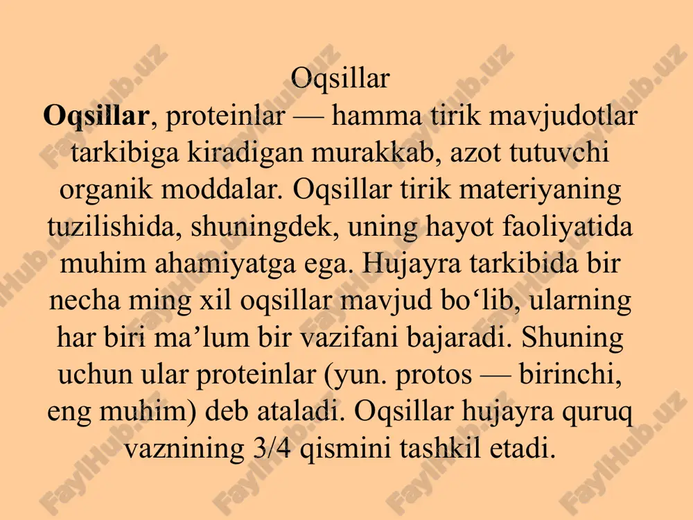 bilan lipidlardan tashkil topgan. hujayra membranalari va lamelyar tizimning tuzilishida ishtirok etadi. tsitoplazma va hujayra organoidlarining tuzilishida ham asosiy rol o’ynaydi. metalloproteidlar - oqsillar bilan metall atomlari (mg, si, 2p, mo, re va boshqalar) birlashmasidan tashqil topgan. bular asosan fermentlardir (katalaza, polifenol oksid aza, nitratreduktaza, peroksidaza, askorbatoksidaza va boshqalar). glikoproteidlar - oqsillar bilan uglevod xususiyatiga ega bo`lgan birikmalardan tashqil topgan. asosan hayvonlar organizmida uchraydi. nukleoproteidpar- oqsil va nuklein kislotalaridan (dnk, rnk) tashqil topgan. barcha tirik xujayralar, ayniqsa, yadro va ribo-somalar tarkibida ko`proq. uchraydi. адабиётлар березов т.т., коровкин б.ф. биологическая химия. 2004. с.19-96. николаев а.я. биологическая химия. 2004. с. 16-60. sabirova r.a., abrorov a.a., inoytova f.h., aripov a.n. biologik kimyo. 2007. биохимия. под.ред. чл.кор.ран е.с. северина. 2004. с.9-74. оddiy оqsillаrgа gistоnlаr, prоtаminlаr, glyutеlinlаr, аlbuminlаr misоl bo’lаdi. hоzirgi vаqtdа оqsillаr biоlоgik funksiyasigа qаrаb quyidаgi gruppаlаrgа bo’linаdi. fеrmеntlаr. mаsаlаn: pеpsin, tripsin. trаnspоrt оqsillаr. mаsаlаn: qоn zаrdоbidаgi аlbuminlаr. оzuqа funksiyasini bаjаrаdigаn оqsillаr. mаsаlаn: tuxum …