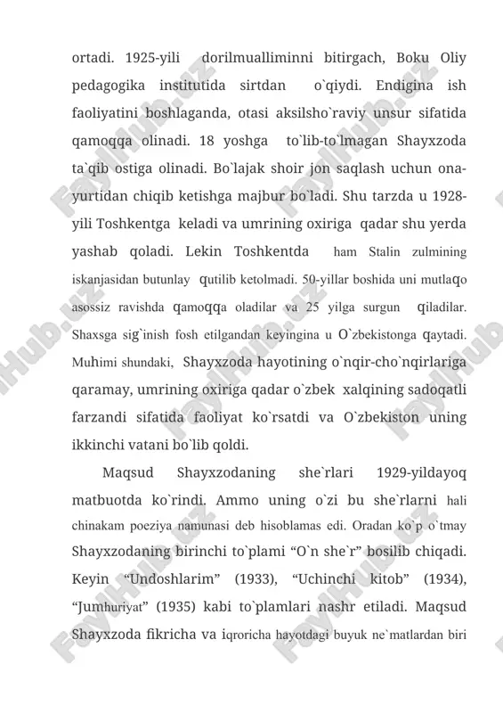 ham yaratdi. shayxzoda umrining so`ngida yozishga kirishgan, lekin tugatib ulgurmagan ulgurmagan “beruniy” dramasini hisobga olmaganda ham uning “jaloliddin manguberdi” va “mirzo ulug’bek” dramalari allaqachon xalqimizning badiiy mulkiga aylanib qolgan. “jaloliddin manguberdi” dramasi 1944-yilda yozib tugatildi va 1945-yilda hamza nomidagi milliy akademik teatrda namoyish qilindi. o`sha davr tanqidchiligi asarga yuqori baho berdi. “ko`pdan beri uzun umrim badiiy salmoqdor sahna, asarlarini orzu qilar edik. “jaloliddin” bu orzumizga javob berishga qodir”, - deb yozilgan edi. oybek bilan g`afur g`ulom. 1946-yilgacha dramadan ayrim parchalar “armug`on” to`plamiga bosilgan. shundan keyin 43-yil davomida asar tilga olinadi. faqat qayta qurish va oshkoralik chuqur tomir yoygan 1988-yildagina “jaloliddin manguberdi” birinchi marta o`zbek tilida “boqiy dunyo” degan kitobida to`la bosilib chiqdi. ammo maqsud shayxzoda asarning chop etilganligini ko`rmay olamdan ko`z yumdi. jaloliddin manguberdi-tarixiy shaxs (1196-1231). xorazm shohi muhammadning o`g`li. jaloliddin mo`g`il qo`shinlariga qaqshatqich zarbalar bergan, vatan ozodligi uchun kurashlar olib borgan, lekin kuchlar teng bo`lmagani bois chekingan. 1231-yilda qaroqchi …