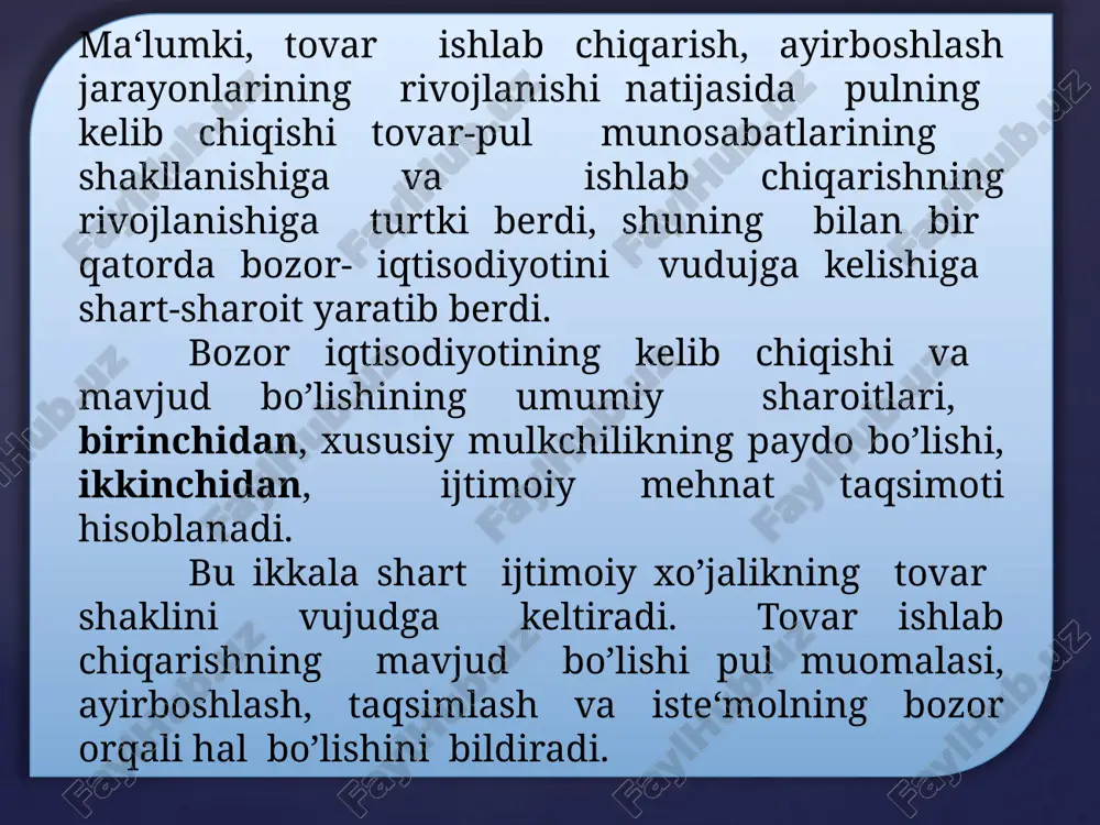 , xususiy, davlat, jamoa, aralash ko’rinishlariga amal qilgan holda iqtisodiy va tadbirkorlik faoliyati yuritilishi; 2. kapital va ishlab chiqarishning yuqori darajada umumlashganligi, mulkning bir qismi yirik monopoliyalar va davlat qo’lida to’planib, milliy va xalqaro miqyosda umumlashganligi; 3. iqtisodiyotni tartibga solishda davlatning faol ishtiroki. davlat fan-texnika taraqqiyotini qo’llash, turli iqtisodiy tadbirlarni o’tkazish, rivojlanish istiqbolini aniqlash, turli sohalar va tarmoqlar o’rtasidagi nisbatlarni tartibga solish chora-tadbirlarini belgilash vazifalarini bajaradi. bozor iqtisodiyotining quyidagi afzalliklari mavjud: 1. resurslarning taqsimlashni samaradorligi. bozor iqtisodiyoti raqobatli bo’lgani sababli, resusrlarni jamiyatga eng zarur bo’lgan tovarlar va xizmatlar ishlab chiqarishga yo’naltiriladi. ishlab chiqarishda yangi texnika va texnologiyalar qo’llaniladi. 2. erkinlik. bozor iqtisodiyoti tizimining muhim afzalliklaridan biri shundaki, u shaxsiy erkinlikka imkoniyat yaratib beradi. bozor iqtisodiyoti tadbirkorlik va tanlash erkinligini yaratadi. 3. harakatchanlik . bozor iqtisodiyoti har bir shaxs, korxona, firma va korparatsiyalar tinimsiz harakatda va izlanishda bo’ladi. chunki, xo’jasizlik, sustkashlik, beg’amlik har qanday xo’jalik tizimini xonavayron qilishga olib keladi. bozor …