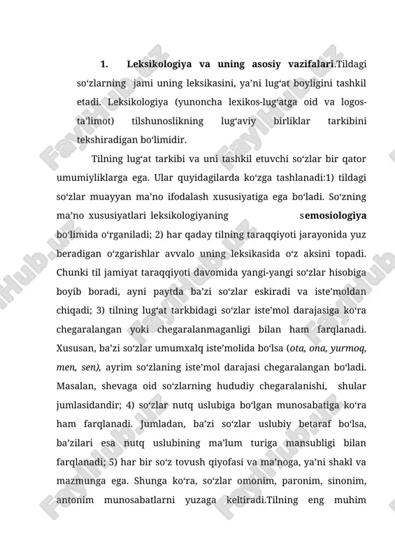 munosabatini bildiradi, ba’zan esa faqat grammatik ma’no ifodalaydi. biroq ular qanday ma’no ifodalashidan qat’iy nazar, so‘z hisoblanadi. so‘zning ob’yektiv borliqdagi narsa, belgi, harakat kabilar haqidagi ma’lumoti leksik ma’no deyiladi. masalan, anor, tosh so‘zlarining narsa haqida ma’lumot berishi, qattiq, shirin so‘zlarining belgi haqida ma’lumot berishi shular jumlasidandir. demak, so‘z borliqdagi narsa, belgi, harakat kabilarning atamasi – nomi bo‘lishi yoki aksincha bunday xususiyatga ega bo‘lmasligi mumkin. shunga ko‘ra ular mustaqil va yordamchi so‘zlar turkumlariga ajratiladi. tildagi mustaqil so‘zlargina leksik(lug‘aviy) ma’noga ega bo‘ladi va ular leksikologiyaning asosiy o‘rganish manbai hisoblanadi. so‘zning borliqdagi narsa, belgi, harakat kabilarni atash, nomlash xususiyati esa uning nominativ funksiyasi deyiladi. 3. monosemantik va polisemantik so‘zlar. tildagi so‘zlar bir va birdan ortiq ma’noga ega bo‘lishi mumkin. bir ma’nolilik hodisasi monosemiya, ko‘p ma’nolilik hodisasi esa polisemiya deb yuritiladi. masalan, marmar, g‘oya, xulosa, taassurot kabi so‘zlar va ilm - fan sohalariga doir atamalar bir ma’noli so‘zlardir. o‘z va ko‘chma ma’nolari tufayli ikki …