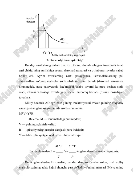 shiga olib keladi. p ↑→ md↑ (ms sonst) → r↑→ i ↓→ ad ↓ boylik samarasi yoki real kassa koldiqlari samarasi (pigu samarasi) shuni bildiradiki, narxlar darjasining oshishi, nominal narxsi oldindan belgilangan moliyaviy aktivlar (omonatlar, obligatsiyalar) real xarid qobiliyatini pasaytirib yuboradi. bunday sharoitda aholi joriy daromadidan iste’mol xarajatlari miqdorini qisqartiradi, ya’ni iste’molga chegaraviy moyillik pasayib boradi. masalan, muayyan shaxs aktivida 10 mln. so’m bo’lsa, undan hech ikkilanmasdan birorta avtomashina sotib olishi mumkin bo’ladi, agarda inflyatsiya ta’sirida mashina narxi 12 mln. so’mga ko’tarilsa, u mashina sotib ololmasligi mumkin va yana 2 mln. so’m jamg’arish uchun joriy davrda olgan ixtiyoridagi daromadidan ko’proq qismini jamg’aradi. iste’mol xarajati umumiy talabning bir qismi bo’lganligi tufayli uning kamayishi adning pasayishiga olib ksladi. p ↑→ moliyaviy s ↓ aktivlarning → ad↓ real qiymati s ↑ import xaridlari samarasi shuni bildiradiki, biror mamlakatda tovar va xizmatlarning ichki narxlari tashqi narxlarga nisbatan oshib borsa, shu mamlakatda ishlab chiqarilayotgan tovar …