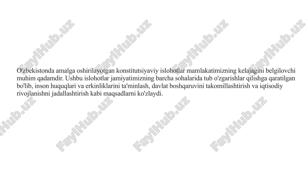 davlat qurishga xizmat qiladi, bu erda qonun ustuvorligi ta'minlanadi. qonunlar adolatli va hamma uchun teng bo'lishi kerak. adolatli jamiyat islohotlar adolatli jamiyat qurishga qaratilgan bo'lib, bu erda har bir fuqaro o'z huquqlaridan foydalana oladi. ijtimoiy himoya kuchaytiriladi va imkoniyatlar tengligi ta'minlanadi. barqaror rivojlanish islohotlar mamlakatning barqaror rivojlanishini ta'minlaydi, bu iqtisodiy o'sish, ijtimoiy farovonlik va ekologik barqarorlikni o'z ichiga oladi. kelajak avlodlar uchun munosib hayot ta'minlanadi. 1.7.2013 8 ‹#› konstitutsiyaviy islohotlar: kelajak sari qadam konstitutsiyaviy islohotlar o'zbekistonning kelajagini belgilovchi muhim qadamdir. ushbu islohotlar natijasida biz huquqiy davlat, adolatli jamiyat va barqaror rivojlanishga erishamiz. har bir fuqaro o'z huquqlaridan to'liq foydalanishi va jamiyat hayotida faol ishtirok etishi uchun imkoniyat yaratiladi. ushbu islohotlar mamlakatimizning xalqaro maydondagi obro'sini oshiradi va o'zbekistonni yanada rivojlangan davlatlar qatoriga olib chiqadi. konstitutsiyaviy islohotlar - yangi o'zbekistonning poydevoridir! 1.7.2013 9 ‹#› e’tiboringiz uchun rahmat! image1.png image2.png image3.png image4.png image5.png image6.png image7.png image8.png image9.png image10.png image11.png image12.png image13.png /docprops/thumbnail.jpeg
