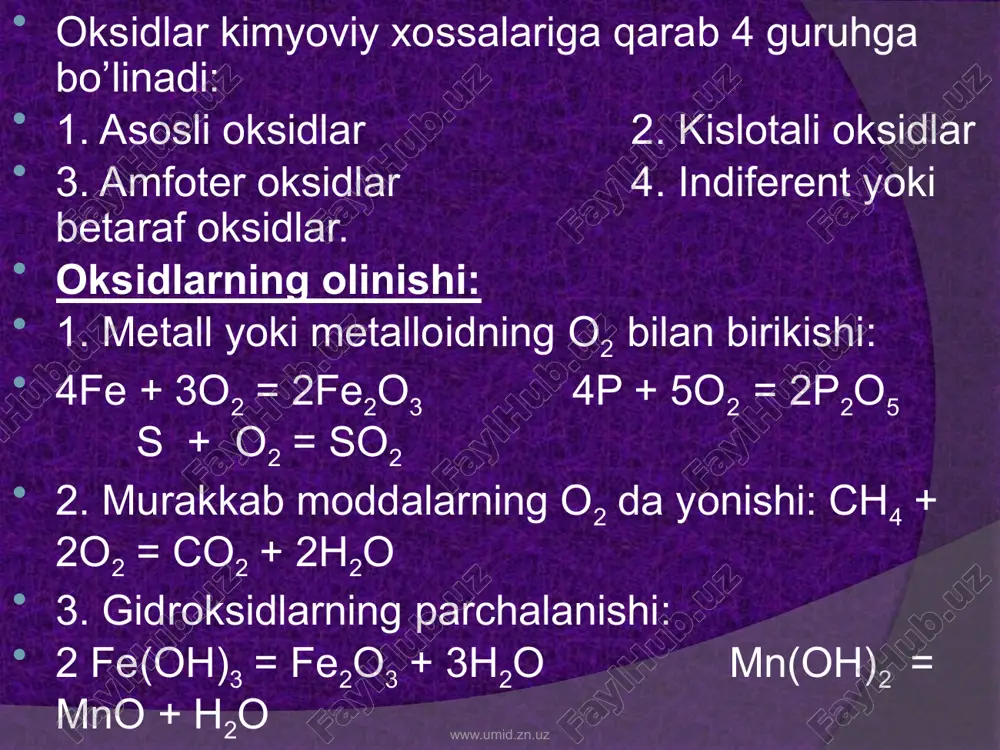 h2o = hno3 so2 + h2o = h2so3 so3 + h2o = h2so4 p2o5 + h2o = h3po4 metalmaslarga h2 biriktirib hosil qilingan birikmani suvga eritib: н2 + сi2 = 2hci f2 + h2 = 2hf tuzlarga boshqa kislotalarni ta`sir etirib: naci + h2so4 = nahso4 + hci↑ kno3 + h2so4 = khso4 + hno3 www.umid.zn.uz kislotalarning fizikaviy xossalari: oddiy sharoitda suyuq (hci, h2so4, hno3) va qattiq (h3bo3, h2c2o4) holda bo’ladi. kislotalar suvda yaxshi eriydi. eritmasi terini kuydiradi va nordon mazaga ega bo’ladi. kimyoviy xossalari: neytrallanish reaksiyasi: naoh + hci = naci + h2o metallar bilan ta’siri: mg + 2hci = mgci2 + h2 ↑ asosli oksidlar bilan reaksiyaga kirishib tuz hosil qiladi: cuo + 2hno3 = cu(no3)2 + h2o tuzlar bilan ta’siri: baci2 + h2so4 =↓baso4 + 2hci qizdirganda parchalanishi: h2so4 h2o + so3 6. ko’k lakmusni qizartiradi, metiloranjni rangsizlantiradi. www.umid.zn.uz 3. asoslar molekulasida metall atomi va bir yoki …