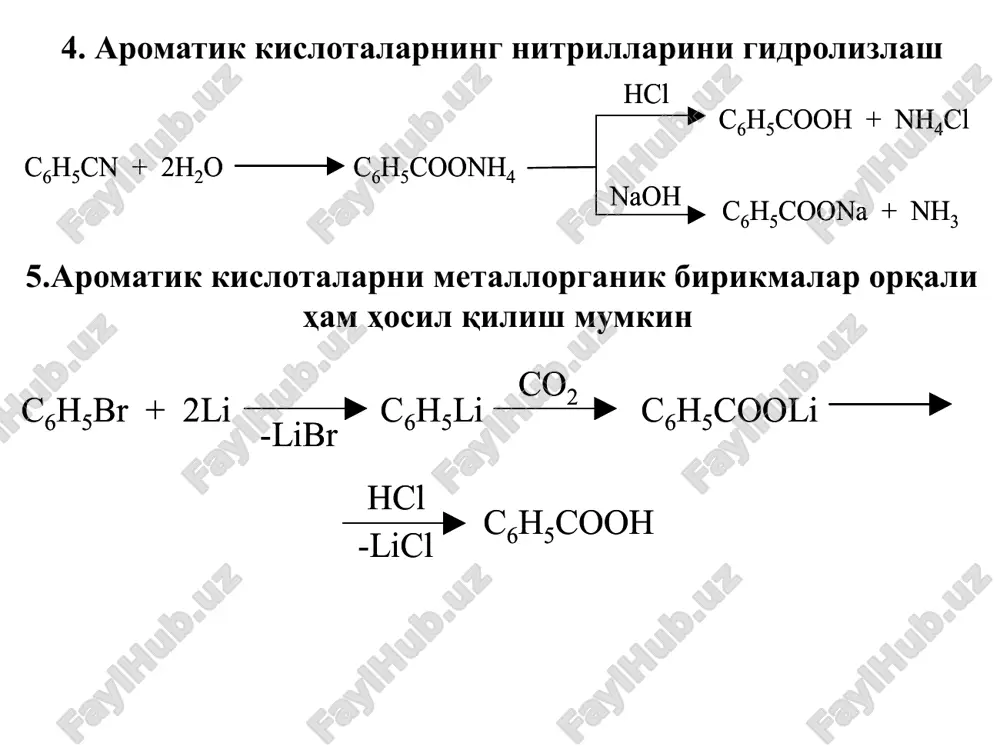 ҳни оксидлаб ароматик кислоталар олиш энг кенг тарқалган усуллардан бири ҳисобланади. 2. ароматик кетонларни натрий гипохлориди билан оксидлаш 3. ён занжирида битта углерод атомида 3 та галоген тутган ароматик углеводородларни галогенли ҳосилаларини гидролиз қилиш 4. ароматик кислоталарнинг нитрилларини гидролизлаш 5.ароматик кислоталарни металлорганик бирикмалар орқали ҳам ҳосил қилиш мумкин физикавий ва кимёвий хоссалари бензол қатор ароматик монокарбонкислоталари 1000с дан юқори ҳароратда суюқланадиган рангсиз кристалл моддалар. ароматик монокарбонкислоталар совуқ сувда ёмон, иссиқ сувда яхши эрийдилар. кислоталик доимийлиги ёғ қатор кислоталарникига нисбатан катта. сирка кислотанинг диссоциялаш доимийси 1,8 х 10-5 га, бензой кислотаники эса 6,6 х 10-5 га тенг. ароматик кислоталар ёғ қатор кислоталари учун хос бўлган барча реакцияларга кириша оладилар. 1.ароматик кислоталарга ишқорлар ёки карбонатлар билан таъсир этилганда тузлар ҳосил бўлади: 2.ароматик кислоталарга минерал кислоталар иштирокида спиртлар билан таъсир этилганда эфирлар ҳосил бўлади: ҳар иккала о-ҳолатларда ўринбосарлар бўлса, у ҳолда фазовий қийинчилик туфайли эфир ҳосил бўлиш жараёни кетмайди. о-ҳолатда ўринбосарлар бўлган кислоталарнинг …