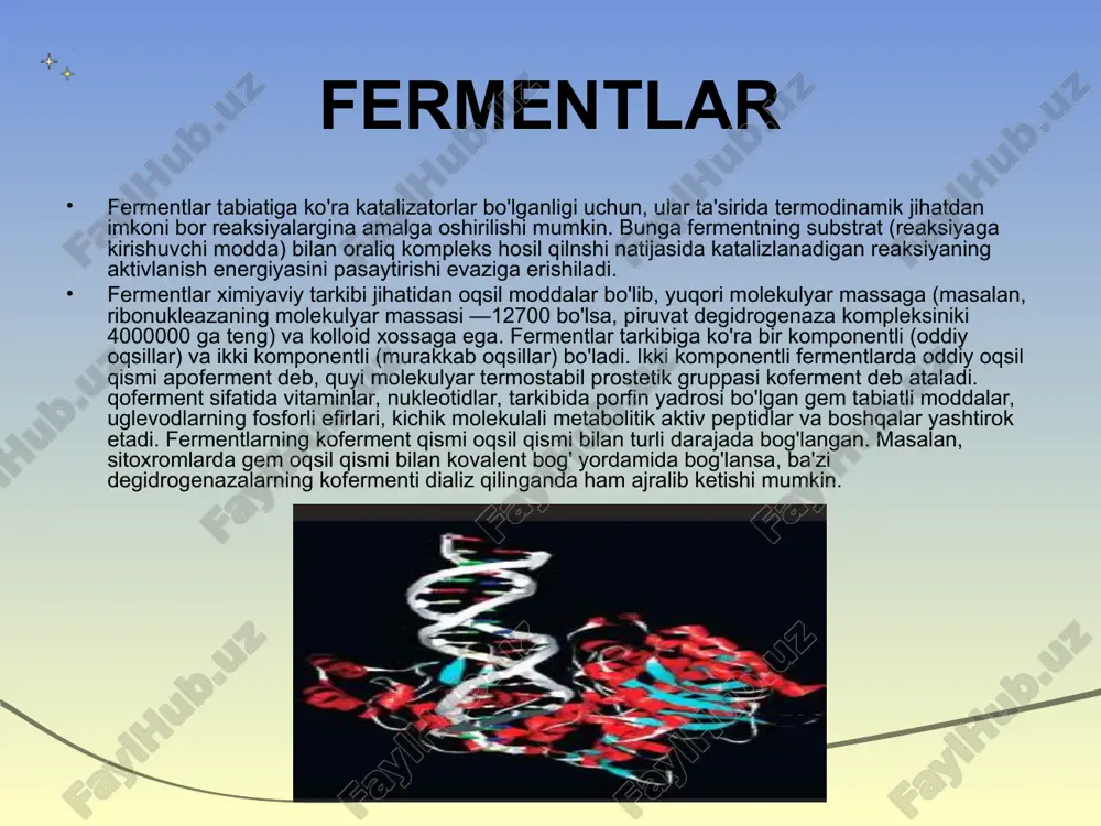 ish ishlari 0 c atrofida (sovuq xonalarda), agar organik erituvchilar ishlatilsa, 0 dan past (1 — 2 — 5°c da) temperaturalarda olib borilishi kerak. aks holda ferment aktivligini yo'qotib qo'yadi. hozirgi vaqtda mingdan ortiq fermentlar ma'lum bo'lib xalqaro bioximklar ittifoqining fermentlar bo'yicha komissiyasi 1961 yilda ularning klassifikasiyasi va nomlanishini ishlab chiqqan. har bir fermentning nomeri to'rtta sondan tarkib topib, bu sonlar turli ma'noni anglatgani uchun nuqtalar bilan ajratilgan. fermentlarga xos reaksiyalar anorganik katalizatorlar bilan fermentlar ta'sirini taqqoslash kerakli asbob va reaktivlar: shtatiz, probirkalar, pipetkalar, naq o'tkazilgan probka, gaz gorelka yoki spirt lampasi, suv termometri, suv hammomi, kraxmalning 1% li eritmasi, xlorid kislotaning 10% li eritmasi, lyugol eritmasi, natriy gidroksidning 10% li eritmasi, mis (ii)- sulfatning 1% li eritmasi, kraxmalning 0,3 m natriy xloriddagi 1% li eritmasi, distillangan suv, 10 marta suyultirilgan so'lak. fermentlar anorganik katalizatorlardan bir qancha xossalari bilan farq qiladi. fermentlar yuqori darajada o'ziga xos biologik katalizatorlardir. ular o'rtacha …