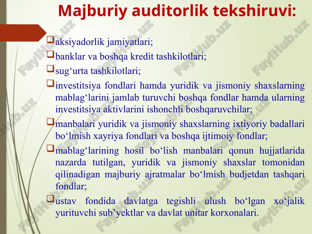 rat qiluvchi yoki huquqni muhofaza qilish organlarining tashabbusiga ko‘ra auditorlik tashkiloti va ushbu organlar o‘rtasida tuzilgan shartnoma asosida o‘tkaziladi hamda unga mazkur shartnoma asosida haq to‘lanadi. auditorlik tashkilotlarining professional xizmatlari buxgalteriya hisobini yo‘lga qo‘yish, qayta tiklash va yuritish moliyaviy hisobotni tuzish milliy moliyaviy hisobotni buxgalteriya hisobi xalqaro standartlariga o‘tkazish buxgalteriya hisobi, soliq solish, rejalashtirish, menedjment va moliya-xo‘jalik faoliyatining boshqa masalalari yuzasidan konsalting xizmati xo‘jalik yurituvchi sub’ektlarning moliya-xo‘jalik faoliyatini tahlil qilish soliqlar va boshqa majburiy to‘lovlar bo‘yicha hisob-kitoblar va deklaratsiyalarni tuzish xo‘jalik yurituvchi sub’ekt taftish komissiyasining (taftishchisining) vazifalarini amalga oshirish e`tiborlaringiz uchun rahmat! image4.png image7.png image8.png