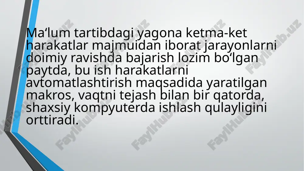 i boshlash uchun “закрить” tugmasi bosiladi. shundan keyin makrosga kiritilishi lozim bo‘lgan harakatlar bajariladigan. makrosni yozishni to‘xtatish uchun “остановить запись” tugmasi bosiladi. e'tiboringiz uchun rahmat image2.jpeg image3.jpeg image4.jpeg image5.jpeg image6.jpeg