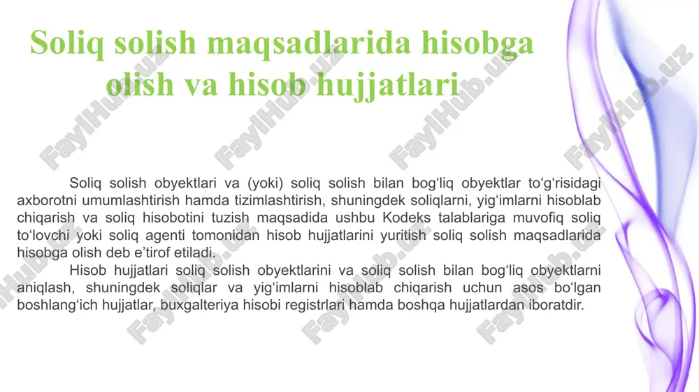 usullari to‘g‘risidagi qarorni o‘zi tashkil etilgandan keyingi birinchi hisobot davri davomida qabul qiladi. soliq solish maqsadlaridagi hisob siyosati kalendar yil davomida o‘zgartirilmaydi. soliq to‘g‘risidagi qonunchilikka yoxud soliq solish shartlariga o‘zgartirish kiritilganda va faqat ushbu o‘zgartirishlar taalluqli bo‘lgan qismida soliq to‘lovchining hisob siyosatida o‘zgartirishlar qilishga yo‘l qo‘yiladi. 78-modda. soliq solish maqsadlarida hisobni yuritish agar ushbu kodeksda boshqacha qoida nazarda tutilmagan bo‘lsa, soliq to‘lovchi yoki soliq agenti soliq solish maqsadlarida hisobni hisoblash usuli bo‘yicha milliy valyutada yuritadi. foydali qazilmalarni qazib olish uchun maxsus renta solig‘ini to‘lovchi bo‘lgan chet el investitsiyalari ishtirokidagi korxonalar soliq hisobini soliq solish maqsadida hisoblash usuli bo‘yicha aqsh dollarida yuritishga haqli. (78-modda o‘zbekiston respublikasining 2021-yil 29-dekabrdagi o‘rq-741-sonli qonunga asosan ikkinchi qism bilan to‘ldirilgan — qonunchilik ma’lumotlari milliy bazasi, 30.12.2021-y., 03/21/741/1219-son) hisob hujjatlarini tuzish va saqlashga doir talablar hisob hujjatlari qog‘ozda va (yoki) elektron shakllarda tuziladi hamda ushbu kodeksning 88-moddasida belgilangan soliq majburiyati bo‘yicha da’vo muddati tugagunga qadar saqlanadi. soliq …