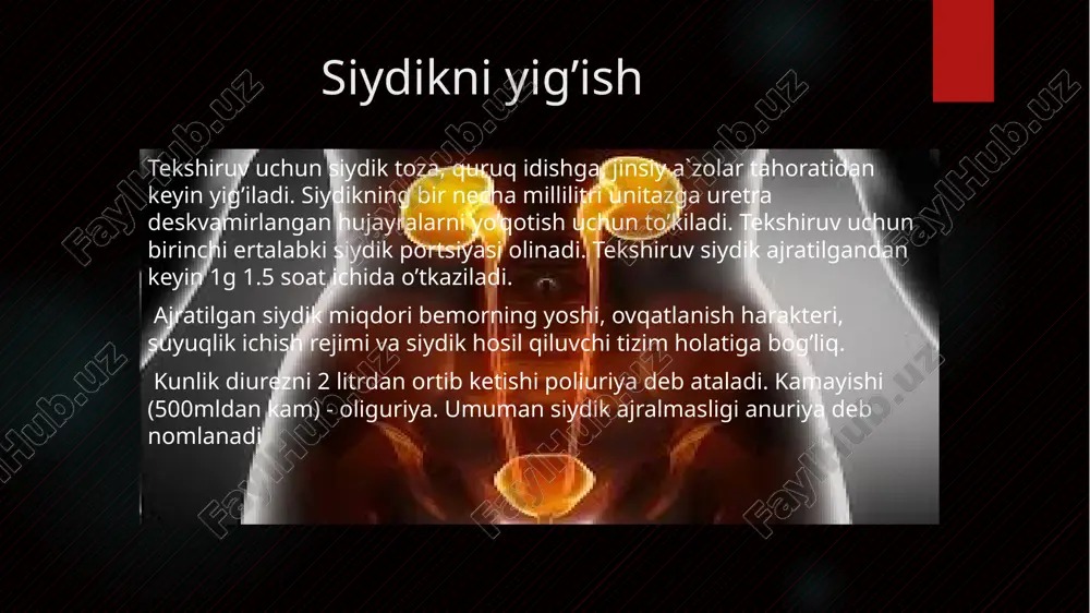 bo’lganda kuzatilish mumkin. siydikni tekshiruvda diagnostik test tilimchalardan foydalanish tahlil o’tkazilayotganda tilimcha qutidan olinadi, ko’rsatmada ko’rsatilgan ma`lum vaqtga yahshilab aralashtirilgan siydikli idishga solinadi. tilimcha olinadi, siydikning ortiqcha miqdori idish chetlarida qoldiriladi va ekspress usulga qo’shib beriladigan rangli shkala bilan solishtiriladi siydik tarkibida oqsilni aniqlash plazma oqsillari molekulalari haddan tashqari yirik bo’lib,buyrak koptoqchalari membranasidan o’ta olmaydi. shu membrana orqali o’ta oladigan mayda molekulalar me`yorda qayta so’rilib ketadi. me`yoriy siydikda faqat oqsil izlari (24 soat davomida 0,15 g dan kam) bo’lishi mumkin, shunga ko’ra oqsilni tekshirish uchun qo’yiladigan standart sinamalar bunday miqdorlarni aniqlab bera olmaydi. proteinuriya, ya`ni siydikda me`yordan ko’proq miqdorda oqsil bo’lishi, buyrak kasalliklaridan darak beradigan muhim ko’rsatkichdir. siydik bilan oqsil ekskretsiyasining kuchayishi, proteinuriya, buyraklarning deyarli barcha patologiyasidа uchraydi. siydik tarkibida oqsilni sifatiy va miqdoriy aniqlash mumkin. sifatiy aniqlashda sentrifugа qilingan siydikka bir necha tomchi 20% sul'fasalitsil kislota tomizib kuriladi. agar siydikda hiralashish kuzatilsa oqsil bor deb belgilanadi. siydikdagi oqsil miqdorini …