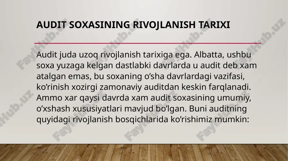 qasamiyod qilgan diplomli buxgalterlar uyushmasi (acca) xisoblansa, aqshda amerika sertifikatlangan jamoat buxgalterlari instituti (aicpa) shu vazifani amalga oshiradi. boshqa mamlakatlarda audit germaniyada audit soxasini tartibga soluvchi tashkilot 1932 yilda tashkil etilgan germaniya auditorlar instituti xisoblanadi. xozirgi kunda bu tashkilotning a’zolari 6000 dan ortiq. fransiyada audit tekshiruvi bilan shug’ullanuvchi ikki asosiy tashkilot mavjud. birinchisi ekspert – buxgalterlar palatasi bo’lsa, ikkinchisi schyotlar bo’yicha komissarlarning milliy kompaniyasidir. xitoy xalq respublikasida zamonaviy auditning asoslari 1983 yilda xitoy auditorlik ma’muriyati tuzilishi va shu yilda birinchi auditorlik firmalarining tashkil topishi bilan yaratildi. mdh davlatlarida audit audit sohasi mdx davlatlari, shu jumladan o’zbekiston respublikasiga 1990 yillarda kirib kela boshladi. moliyaviy nazorat moliyaviy nazorat - bu tashkilotlar va davlat organlari tomonidan moliyaviy resurslarning to'g'ri va samarali ishlatilishini ta'minlash uchun amalga oshiriladigan jarayon. bu jarayon moliyaviy hisobotlarni tekshirish, byudjetlarni nazorat qilish, moliyaviy ko'rsatkichlarni tahlil qilish va moliyaviy qoidabuzarliklarni aniqlashni o'z ichiga oladi. moliyaviy nazoratning asosiy maqsadi moliyaviy resurslarning noto'g'ri …