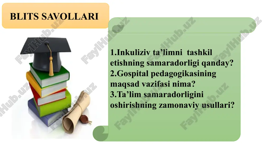 ategik omil sifatidagi roli tasdiqlanadi; alohida ta’lim ehtiyojlari bo‘lgan bolalarning ta’limiy muhiti yaxlitligi mustahkamlanadi, ularning jamiyatga integratsiyasi uchun zarur sharoitlar ta’minlanadi; davlat, jamiyat, shaxsning inklyuziv ta’lim sohasidagi manfaatlarini muvofiqlashtirish mexanizmlari yaratiladi; inklyuziv ta’lim tizimining umumiy qulayligi, uzluksizligi, ta’lim sifati, shuningdek o‘quvchilarning rivojlanish darajasi, xususiyatlariga moslashuvchanligi va variativligiga erishiladi; inklyuziv ta’lim sohasidagi xalqaro munosabatlar doirasida o‘zaro hamkorlik aloqalari mustahkamlanadi; ta’limiy tashkilotda inklyuziv muhitni loyihalash. loyihalash nima ? abu rayhon beruniy haqli ravishda: «odamlarda ta’lim-tarbiyaga qobiliyat turlichadir. birovlar bu qobiliyatga ega, boshqalar esa mahrum. mahrumlar mashaqqatli mehnat, intilish, tirishqoqlik orqali tushunishlari mumkin», — degan. demak, nuqsonlilar ta’lim-tarbiyasida shaxsni o‘rganib, muomala qilish zarur. yordamchi maktablar didaktikasining uzviy bo'limlaridan biri — ta’lim jarayonining mohiyatidir. didaktikaning so‘zma-so‘z taijimasi ta’lim nazariyasini anglatadi. ta’lim nazariyasi ta’lim jarayonining tushunchasi va mohiyatini o‘z ichiga oladi. didaktika o‘z oldiga o‘qitishning maxsus maktab o‘quvchilarini har tomonlama tarbiyalash maqsadlariga javob beruvchi umumiy qonuniyatlarini bilib olish vazifasini qo‘yadi. demak, didaktika oligofrenopedagogikaning «nimaga o‘qitish», …
