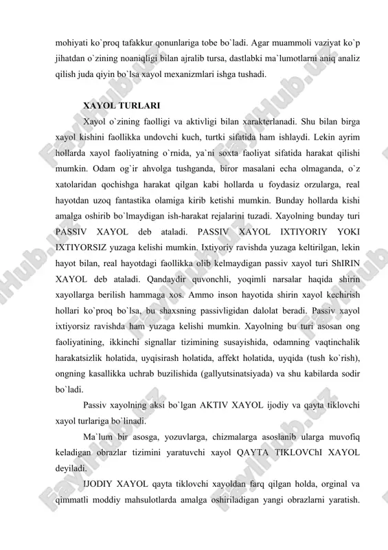 soslanib ularga muvofiq keladigan obrazlar tizimini yaratuvchi xayol qayta tiklovchi xayol deyiladi. ijodiy xayol qayta tiklovchi xayoldan farq qilgan holda, orginal va qimmatli moddiy mahsulotlarda amalga oshiriladigan yangi obrazlarni yaratish. ijodiy xayol barcha turdagi texnik, badiiy va boshqa ijodiyotning ajralmas qismini tashkil qiladi. xayol jarayonlari xayol (fantaziya) obrazlari qanday yaratiladi? xayol jarayonlari ham idrok, xotira, tafakkur kabi analitik va sintetik xarakterga ega. analiz idrok va xotiradek ob`ektning ayrim umumiy belgilarini ajratish va saqlash hamda muhim bo`lmagan belgilardan chetlashish imkoniyatini beradi. analiz va undan keyingi sintez natijasida andaza, etalon hosil qilinadi. shu etalonga suyangan holda tashqi olam, borliq, predmetlar va hodisalar o`rganiladi. analiz va sintez xayol jarayonida boshqacha o`ringa va yo`nalishga ega. chunki xayol jarayonida yangi, avval bo`lmagan obrazlar, tasavvurlar yaratiladi. albatta bunda yangilik va eskilik o`rtasidagi izchillik saqlanib qoladi. xayol jarayonlarida tasavvurlar sintezi turlicha amalga oshiriladi. agglutinasiya. agglutinasiya - kundalik hayotimizda birlashtirib bo`lmaydigan turli sifatlar, xususiyatlar va qismlarni "yopishtirib" birlashtirishdan …