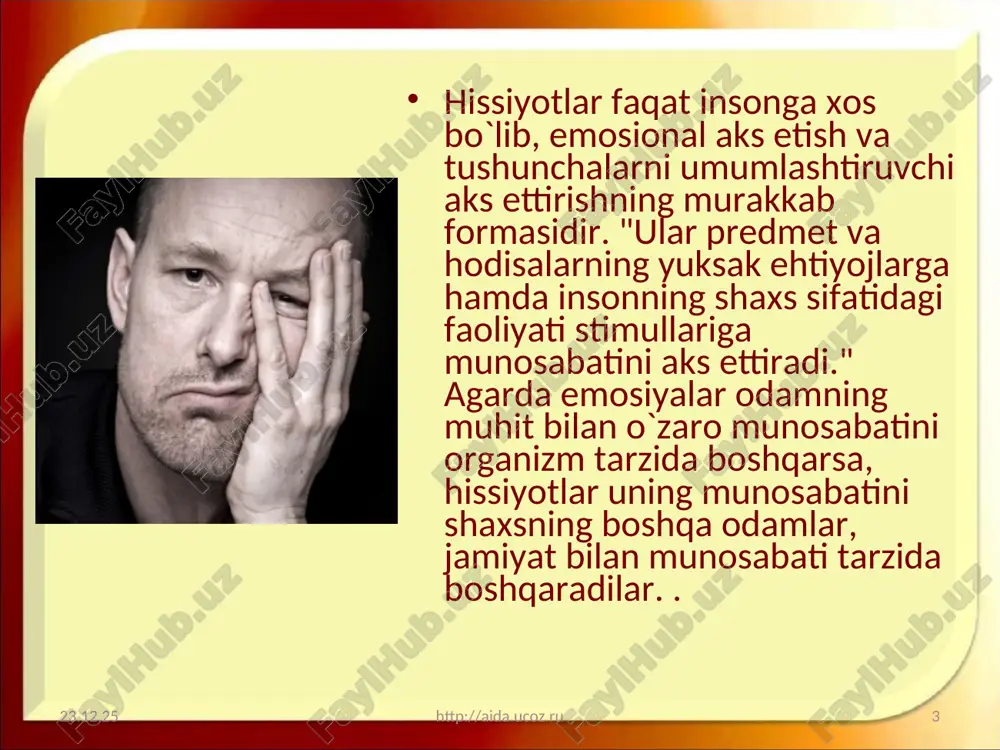 `zan ular uzoq davom etsa ham, lekin sust bo`ladi. boshqa vaqtda xuddi shu kishida ular juda kuchli davom etib, uni etarli o`ylab ko`rilmagan harakatlar qilishga undaydi. emosiyalar ko`pincha kishining xulq atvoriga alohida bir hissiy oxang bagishlaydi, ma`lum darajada davom etadigan ancha mustahkam kechinmalarni vujudga keltiradi. ba`zan his-tuyg`ular birdaniga paydo bo`lib, shiddatli va nisbatan tez o`tadi. ana shu uzoq davom etadigan yoki qisqa muddatli kechinmalar psixik yoki emosional holatlar deb ataladi. ular jumlasiga kayfiyatlar, affektlar (qattiq hayajonlanish), hirslar, frustrasiya, stressli holatlar kiradi. kayfiyat - zaif yoki o`rtacha kuchga ega bo`lgan va odatda ancha barqaror emosional holatdir. frantsuz yozuvchisi mopassan bunday degan edi: "bizning vaqti chog`ligimizni qayg`uga, laqmaligimizni azobga aylantiradigan o`sha sirli ta`sirlar qaerdan kelib chiqadi? men juda xursand bo`lib o`yg`onaman, qo`shiq aytgim keladi. buning sababi nima? daryo bo`ylab pastga tushaman va unchalik ko`p sayr qilmay, to’satdan uyga g`amgin bo`lib qaytaman, guyo uyda meni qandaydir falokat kutayotgandek. buning sababi nima?". bu avtorga …