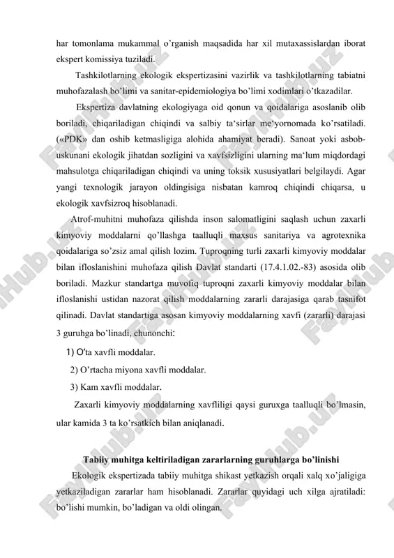 va oldi olingan. bo’lishi mumkin zararlar tegishli choralar ko’rilmagandagi miqdorni ko’rsatadi. choralar ko’rilgandan so’ng ham, xalq xo’jaligaga yetkazilgan zararlar bo’ladigan zarar hisoblanadi. bo’lishi mumkin bo’lgan zarardan yana bo’ladiganini ayirsak oldi olingan zarar miqdori kelib chiqadi. zararlarni hisoblashda quyidagilarga asoslaniladi: muhitning ifloslanish darajasi, muhitning ifloslanishini inson salomatligiga ta‘siri darajasi, kasalliklarning ko’payishidan xalq xo’jaligiga keladigan zarar, qishloq xo’jaligi, chorvachilik va sanoatga keladigan zarar, havo tarkibining o’zgarib, kislotali yomg’irlar ta‘sirida inshootlarni? tarixiy obida va haykallarning buzilishini tezlashishidan keladigan zarar kabi ko’p masalalar inobatta olinadi. zararlarni birlamchi va ikkilamchi xillari bor. birlamchisi ishlab chiqarish jarayonlari bilan bog’liq, ikkilamchisi chiqarilgan mahsulotni ishlatish, ishdan chiqqanlarini yo’qotish bilan bog’liq. tabiiy muhitga keltiriladigan zarar iqtisodiy va ekologik bo’lishi mumkin. iqtisodiy zarar muhitning ifloslanishi natijasida biror xo’jalikning dehqonchiligi va chorvachiligiga keltirilgan zarar bo’lib, uning o’rnini pul bilan qoplasa bo’ladi. ekologik zarar biror shaxs yoki aniq tashkilotga tegishli bo’lmay, u tabiiy muhitni zararlash orqali inson salomatligiga va faoliyatiga salbiy ta‘sir …