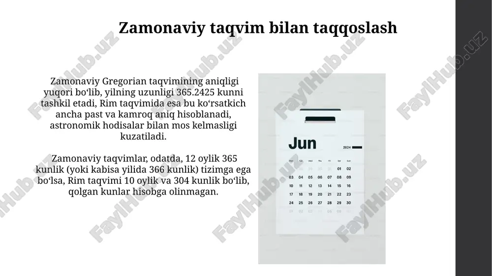 21 iyun – muhim marosimlar bilan nishonlangan. bayramlar va marosimlar rim taqvimida 354 kunlik oylik siklga asoslangan bo'lib, qo'shimcha kunlar yilning to'g'ri uzunligini ta'minlash uchun qo'shilgan. kunlarning hisobi "kunlarning hisobi"da 365 kun (oddiy yil) yoki 366 kun (kabisa yili) mavjud bo'lib, bu yerning quyosh atrofida aylanish davriga mos keladi. rim taqvimida oyning uzunligi 29 yoki 30 kundan iborat bo'lib, bu zamonaviy grigoriy taqvimiga nisbatan sezilarli farqni ko'rsatadi. rim taqvimining tuzilishi rim taqvimi dastlab 10 oylik boʻlib, keyinchalik yanvar va fevral oylari qoʻshildi, bu esa 12 oylik tizimni shakllantirdi, ularning nomi asosan rim xudolariga bagʻishlangan. rim taqvimi 12 oyga boʻlingan boʻlib, har bir oyning uzunligi 29 yoki 30 kundan iborat edi, lekin aniq davomiyligi yil fasllariga bogʻliq ravishda oʻzgarib turardi. e'tiboringiz uchun rahmat @taqdimot_robot image1.jpg image2.jpg image3.jpg image4.jpg image5.jpg image6.jpg image7.jpg image8.jpg image9.jpg image10.jpg image11.jpg image12.jpg