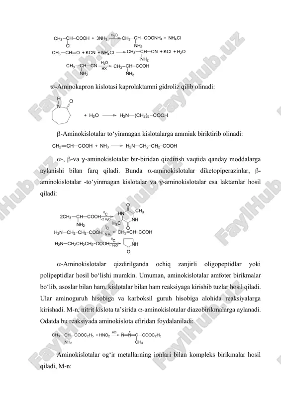 sidagi -aminokislota qoldiqlarining ketma-ketligi ularning birlamchi strukturasi deyiladi. oqsillarning ichki (-) va molekulalararo (-) vodorod bog‘lari hosil bo‘lishi tufayli spiralsimon tuzilishi ularning ikkilamchi strukturasi deb ataladi. silindrsimon -spirallarning fazoda turlicha joylashishi va makromolekula turli qismlarida s-s disulfid ko‘priklarini hosil qilishiga oqsillarning uchlamchi strukturasi deb ataladi. bir nechta polipeptid zanjirlarning vodorod bog‘lari, ion juftlari hosil qilib birlashishi oqsillarning to‘rtlamchi strukturasi deb ataladi. oqsillarga biuret, ksantoprotein, millon va ningidrin reaksiyalari xosdir. oqsillar organizmda muhim hayotiy vazifani bajaradi. adabiyot: 1. o.ya.neyland organicheskaya ximiya. m.: «viysshaya shkola». 1990. s. 615-634. 2. a.n.nesmeyanov, n.a.nesmeyanov nachala organicheskoy ximii. kniga 1. m.: 1969. s. 484-508. image4.wmf image5.wmf image6.wmf image7.wmf image8.wmf image9.wmf image10.wmf image1.png image2.png image3.png