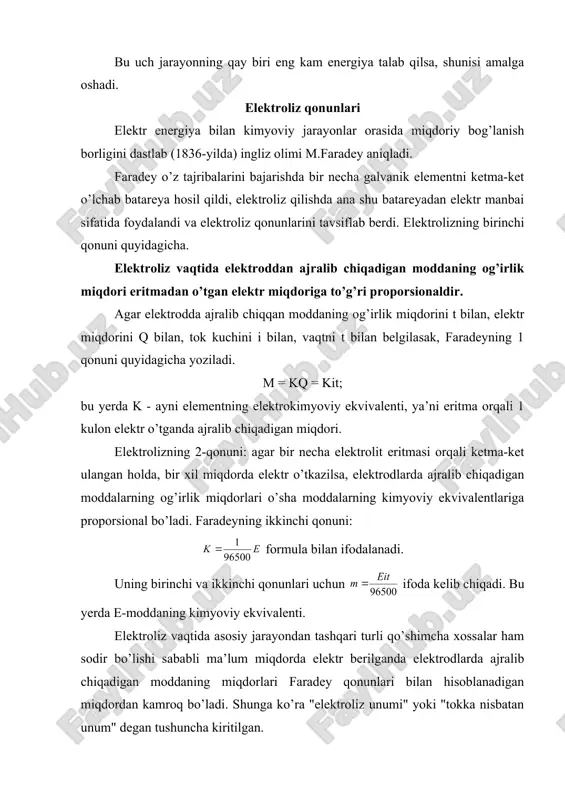 z. o’ta kuchlanish elektrolitning parchalanish kuchlanishi elektroliz jarayoniga qarshi reaksiya natijasida sodir bo’ladigan qaytar galvanik elementning elektr yurituvchi kuchidan kam bo’lmasligi kerak. lekin ko’pchilik hollarda, ayniqsa, gazlar ajralib chiqarilgan hollarda elektrolitni parchalash uchun haqiqatda beriladigan potensiallar ayirmasi o’sha moddalardan tuzilgan qaytar galvanik elementning elektr yurituvchi kuchidan farq qiladi. ular orasidagi ayirma o’ta kuchlanish deyiladi: bu yerda, η = e – e1 η – o’ta kuchlanish; e - haqiqatda beriladigan parchalanish kuchlanish e1 - qaytar galvanik elementning elektr yurituvchi kuchi. akkumulyatorlar ba’zi elektrodlarda elektrokimyoviy polyarizatsiya natijasida hosil bo’ladigan mahsulotlar masalan, oksidlar barqaror bo’ladi. bu xilda qutblanadigan elektrodlardan foydalanib, elektroliz vaqtida elektr energiyasi to’plash mumkin. elektr energiyasini to’plab, kerak vaqtda sarf qilishga imkon beradigan asboblar akkumulyatorlar deyiladi. akkumulyatorlarda energiyani to’plash uchun, avval akkumulyator orqali elektr toki o’tkaziladi; bu vaqtda elektrodda vujudga keladigan elektrokimyoviy polyarizatsiya jarayoni natijasida elektr energiyasi kimyoviy energiyaga aylanadi. buning natijasida akkumulyator zaryadlanadi. zaryadlangan akkumulyatorni tok manbai sifatida ishlatsa bo’ladi. …