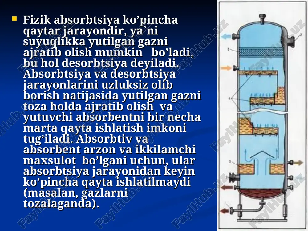 lashmasi sovitiladi va kondensaciyalanadi hamda olingan beqaror benzin osongina suvdan ajratiladi. nasadkali absorber: - qobiq; 2- tarqatuvchi tarelka; 3-nasadka qatlami; 4- tayanch to’rlari; 5-qayta taqsim- lovchi tarelkalar; 6,8-lyuklar; 7-qaytaruvchi qurilma; a-gaz kiradigan shtutser; b-gaz chiqadigan shtutser; v-suyuqlik beradigan shtutser; g va d –suyuqlik chiqadigan shtutserlar. neftni barqarorlashtirish qurilmasining texnologik sxemasi: 1-quvurli pech; 2, 13-kolonnalar; 3, 4, 5, 11, 20-nasoslar; 6, 17-issiqlik almashtirgichlar; 7-qizdirgich; 8,14-sovitgich-kondensatorlar; 9-gaz-suv ajratkich; 10,16-redukcion klapanlar; 12-qaynatgich; 15-gaz separatori;18-sovitkich; 19-havoli sovitish jihozi. kolonna 2 yuqorisidan chiqayotgan gazlar va bug’lar aralashmasi 8-sovutkich – kondensatorda sovitiladi. gazlar hosil bo’lgan kondensat bilan birgalikda 9-gaz-suv ajratkichga tushadi. gaz-suv ajratkichning yuqorisidan kondensatciyalanmagan quruq (metan va etan) gazlar qurilmadan chiqariladi. suyuqlikni sochib beruvchi absorberlar: suyuqliklar bilan ishlash qiyin, fazalarning kontakt yuzasini oshirish uchun ko’proq suyuqlik sarflanadi, suyuqlik tomchilari kolonnadan chiqib ketmasligi uchun gaz tezligining miqdori kichik qiymatga ega. fazalarning nisbiy tezligi va katta gaz oqimi to’lqinsimon harakatda bo’lgani uchun bu qurilmalarda gaz fazasidagi massa …