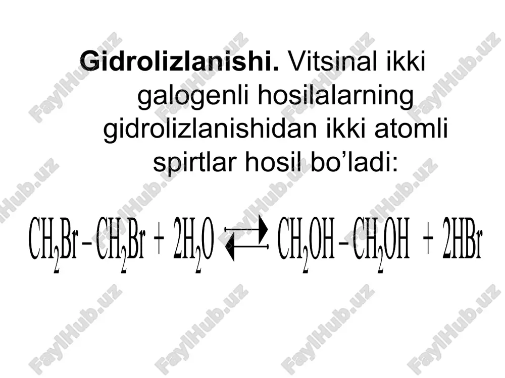 gruppa (nukleofil zarracha) metil bromid molekulasining qisman musbat zaryadlangan uglerod atomiga brom joylashgan tomonga qarama-qarshi bo`lgan tomondan (chunki manfiy zaryadlangan brom manfiy zaryadlangan gidroksilni i qarab) hujum qiladi. natijada oraliq holat yoki o`tish holati hosil bo`ladi: oraliq holatda uglerod qisman gidroksil bilan ham, brom bilan ham bog`langan. unda c—oh bog` hali to`liq hosil bo`lmagan va c—br bog` esa butunlay uzilgan emas. oh- va br- bir-birlaridan maksimal masofada joylashgan. oh-, uglerod atomi va brom bir chiziqda, uchta vodorod atomi va uglerod esa bir tekislikda yotadi. barcha c—h bog`lar orasidagi burchaklar bir xil, ya`ni 120c ga teng. demak, oraliq holatda uglerod sp2- gibridlangan atom xarakteriga ega bo`ladi. oxirgi bosqichda oh yaqin kelib, haqiqiy c—oh kovalent bog`ni hosil qiladi. uglerod bilan brom o`rtasidagi bog` esa butunlay uzilib, metil spirt hosil bo`ladi. bu bir bosqichli reaksiyaning tezligi ikkala reagent (oh- va ch3br)ning konsentrasiyasiga bog`liq. bu mexanizm sn2—nukleofil bimolekulyar o`rin olish deyiladi. reaksiya tezligini belgilovchi …
