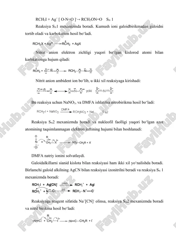bilan karbkationga hujum qiladi: nitrit anion ambident ion bo‘lib, u ikki xil reaksiyaga kirishadi: bu reaksiya uchun nano2, va dmfa ishlatilsa nitrobirikma hosil bo‘ladi: reaksiya sn2 mexanizmda boradi va nukleofil faolligi yuqori bo‘lgan azot atomining taqsimlanmagan elektron juftining hujumi bilan boshlanadi: dmfa natriy ionini solvatlaydi. galoidalkillarni sianid kislota bilan reaksiyasi ham ikki xil yo‘nalishda boradi. birlamchi galoid alkilning agcn bilan reaksiyasi izonitrilni beradi va reaksiya sn 1 mexanizmda boradi: reaksiyaga reagent sifatida na+[cn]- olinsa, reaksiya sn2 mexanizmda boradi va nitril birikma hosil bo‘ladi: umuman, karbokationlarning barqarorligi va ularning reaksiyaga kirishish qobiliyati quyidagicha o‘zgaradi: metilgalogeniddan uchlamchi galogenid birikmalarga va ulardan benzilgalogenidlarga o‘tgan sari monomolekulyar reaksiyalarning tezligi quyidagicha ortib boradi: ch3x ch3ch2x (ch3)3cx ch2=chch2x c6h5ch2x (c6h5)2chx (c6h5)3cx. umuman, galogenalkanlardan spirtlar, karbon kislotalar va hakozo organik birikmalarning barcha sinflarini olish mumkin. to‘yinmagan galoidbirikmalar. alkenlarning bir yoki bir necha vodorodi o‘rnini galogen olishdan to‘yinmagan galoidbirikmalar hosil bo‘ladi. ular ikki turli bo‘ladi. vinil turidagi va …