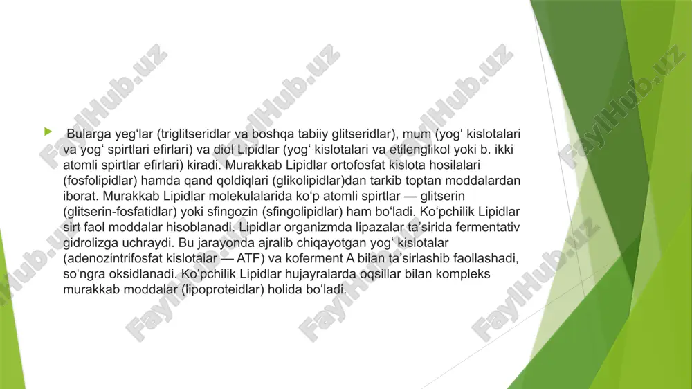 yasida mavjud boʻlishi mumkin. sis konfiguratsiyasida bogʻ hosil qilgan ikkita vodorod bir tomonda, trans konfiguratsiyada esa qarama-qarshi tomonda joylashadi (quyida koʻrsatilgan). sis qoʻshbogʻ yogʻ kislotasida burchakli strukturani hosil qiladi va bu yogʻlar uchun muhim ahamiyatga ega boʻlgan xususiyatdir. toʻyingan yogʻ kislotalari dumchalari toʻgʻri chiziq shaklida boʻladi, shuning uchun toʻyingan dumchali yogʻ molekulalari bir-biriga zich joylashadi. ushbu zich joylashish xona haroratida (nisbatan yuqori erish haroratiga ega boʻlganda) yogʻlar qattiq boʻlishini taʼminlaydi. misol uchun, sariyogʻda yogʻning katta qismi toʻyingan boʻladi\[^2\]. transyogʻlar shu joyda bir narsa eʼtibordan chetda qolganini sezgan boʻlsangiz kerak. trans yogʻlar yoki yogʻ kislotasi dumchalaridagi trans qoʻshbogʻli toʻyinmagan yogʻlar haqida toʻxtalib oʻtmadik. trans yogʻlar aslida tabiatda juda kam uchraydi, ammo qisman gidrirlash yoʻli bilan sanoat jarayonlarida osongina ishlab chiqariladi. ushbu jarayonda vodorod gazi (asosan sis-toʻyinmagan yogʻlaridan tarkib topgan) moylardan oʻtkaziladi va qoʻshbogʻlarning baʼzilarini oddiy bogʻlarga aylantiradi. qisman gidrirlashdan maqsad yogʻlarga xona haroratida qattiq holda boʻlish kabi toʻyingan yogʻlarga xos baʼzi …
