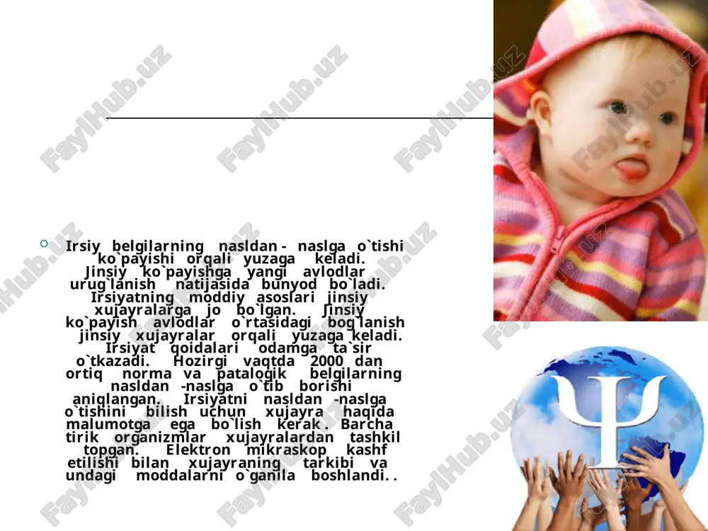 lgan ichimlik tezda qonga o`tib badanning barcha a`zolariga kirib boradi. u asab to`qimalarina ishdan chiqaradi. markaziy nerv sistemasi faoliyati izdan chiqaradi. ichkilikboz ota-onalarning bolalari tutqanoq, ruxiy kasalliklak va tug`ma nogiron bo`lib tug`iladi. daun kasalligi. odamning xromasoma to`plamida bitta ortiqcha xromasoma bo`lib, diploid to`plamida ularning soni 47 taga borib qoladi. bu daun kasalligidir. u tug`ma aqliy qoloqlik bo`lib jismoniy jihatdan rivojlanishda kamchilik bo`ladi. daun kasalligining tashqi belgilari: boshning dumaloq, kichikroq bo`lish va ensaning yassi tortib qisqarib qolgani, liqqildoqlarninig kech bekilishi. peshonaning tekis tor bo`lib, sochli joyi chegarasining past turishi. ko`z tirqishlarining tor bo`lib, qiyshiqroq turishi. burunning kalta asosining kengayganligi. og`izning yarim ochiq turishi, tilning qalin tortib ko`ndalangiga ketgan chuqur –chuqur egatchalari borligi. quloq supralarining kichkinaligi. qo`l barmoqlari yo`g`on, yassi, kalta va qiyshaygan.