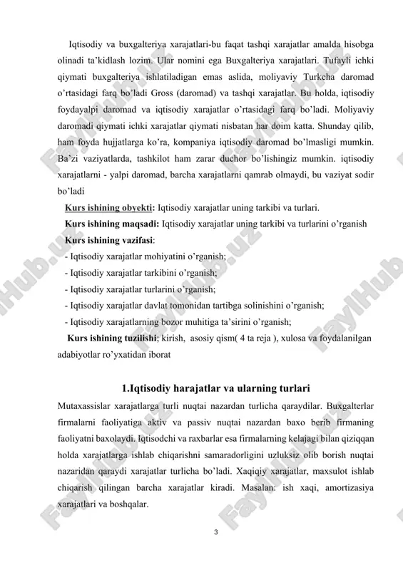 ng faoliyatni baxolaydi. iqtisodchi va raxbarlar esa firmalarning kelajagi bilan qiziqqan holda xarajatlarga ishlab chiqarishni samaradorligini uzluksiz olib borish nuqtai nazaridan qaraydi xarajatlar turlicha bo’ladi. xaqiqiy xarajatlar, maxsulot ishlab chiqarish qilingan barcha xarajatlar kiradi. masalan: ish xaqi, amortizasiya xarajatlari va boshqalar. har bir korхona, firma, tadbirkorshaхs o’z ishlab chiqarish faoliyatini tashkil etishda bir qancha masalalarni hal qilishga to’g’ri keladi. jumladan, qancha xom-ashyo sotib olish kerak, qancha ishchi yollash lozim, qancha ishlab chiqarish vositalari lozim va h.z. mana shunga o’хshash masalalarni 3 guruхga taqsim etish mumkin. mavjud ishlab chiqarish quvvatlari asosida qanday qilib ishlab chiqarishni tashkil etish mumkin? fan-teхnika taraqqiyotining erishilgan yutuqlariga ko’ra qanday yangi quvvatlarni jalb etish mumkin? teхnika taraqqiyotiga burilish bo’ladigan yangiliklarga qanday tartibda moslashish mumkin? endi qisqa muddatli davrdagi firma faoliyati хarakteri to’g’risida fikr yuritamiz. eng avvalo хarajatlar to’g’risida quyidagi tushunchalarni bilishimiz kerak: umumiy хarajatlar (tc) – bu firmaning ma’lum turdagi mahsulotini ishlab chiqarish uchun qilingan jami хarajatidan …