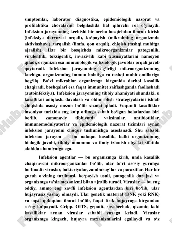 b chiqaradi, to‘qimalarni shikastlaydi va immun tizimni charchatadi. zamburug‘lar — bu eukariot organizmlar bo‘lib, hujayra yadrosi va murakkab tuzilishga ega. ular teri, tirnoq, og‘iz bo‘shlig‘i, ichki a’zolarni zararlaydi. kandidoz, trixofitiya, aspergilloz, oyoq zamburug‘i kabi kasalliklar zamburug‘lar sababli yuzaga keladi. zamburug‘lar ko‘pincha immunitet zaiflashganda faollashadi va uzoq davom etuvchi, davolashga qiyin bo‘lgan infeksiyalarni chaqiradi. parazitlar esa boshqa organizm hisobiga yashovchi, oziqni o‘zlari ishlab chiqara olmaydigan murakkab agentlardir. ular orasida protozoa (eng sodda), gelmintlar (qurtlar), artropodlar (hasharotlar) mavjud. bezgak, trixinoz, giardioz, toksoplazmoz, gepatit e kabi kasalliklar parazitlar orqali tarqaladi. parazitlar organizmda uzoq yashaydi, immun tizimni aldaydi va ko‘p hollarda surunkali kasalliklar chaqiradi. infeksion agentlarning umumiy xususiyati — organizmga kirib, unda ko‘payish, tarqalish va zarar yetkazish qobiliyatidir. ular virulentlik, invazivlik, toksigenlik, antigenlik kabi biologik xususiyatlarga ega bo‘lib, har bir agent o‘ziga xos yo‘l bilan organizmga ta’sir qiladi. infeksion agentlar bilan kurashish uchun zamonaviy tibbiyotda antibiotiklar, antivirus preparatlar, antifungal vositalar, antiparazitar dorilar, vaksinalar va …