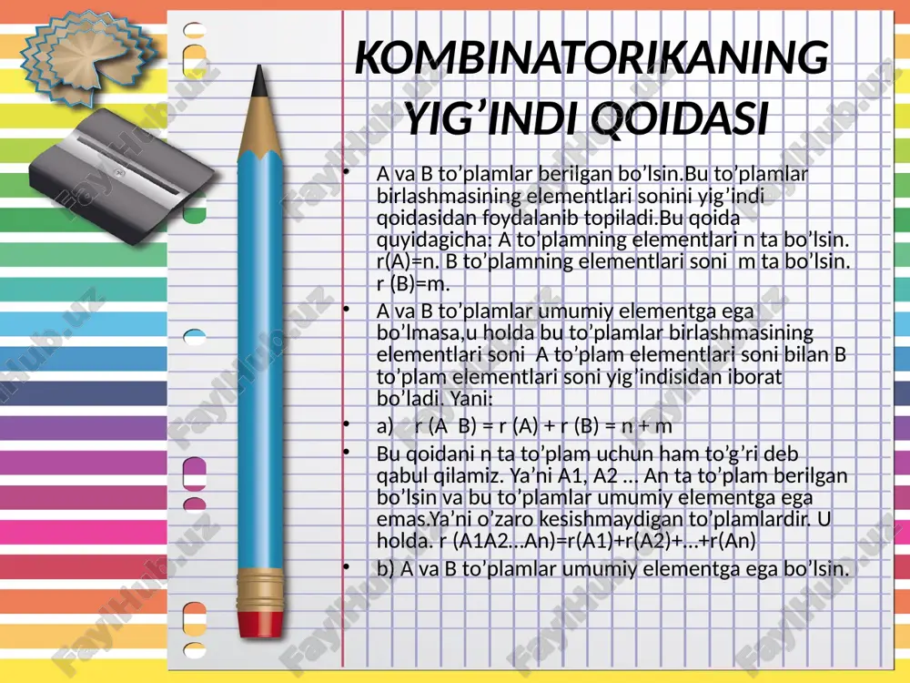 n a= n (n-1)…(n-(n-1)) = n (n-1) (n-2)…1=1·2·3·…(n-2) (n-1)n = n! pn =a = n! demak, n elementni o’rinlashtirishlar soni n faktorialga teng.birdan n gacha bo’lgan sonlar ko’paytmasi factorial deyiladi. pn = n! gruppalashlar ta’rif: n ta elementni k tadan gruppalashlar deb kamida 1 tadan elementi bilan farq qiluvchi o’rinlashtirishlarga aytiladi. teorema: n elementni k tadan gruppalashlar soni ckn = akn / pk ga teng isbot: dastlab 4 ta elementdan 3 tadan a,b,c,d o’rinlashtirishlar tuzaylik. abc, abd, acd, bcd acb, adb, adc, bdc bac, bad, bca, bda cab, cad, cbd, cba cda, cdb, dab, dbc dac, dca, dba, dcb 4 ta a34 = 24 = 6 · 4 p3 = 6 = 1 · 2 · 3 = 6 ckn = akn / pk = 4 · 3 · 2 / 1 · 2 · 3 = 24 / 6 = 4 ckn = 4 demak, bu to’g’ri bo’ladi. ckn …