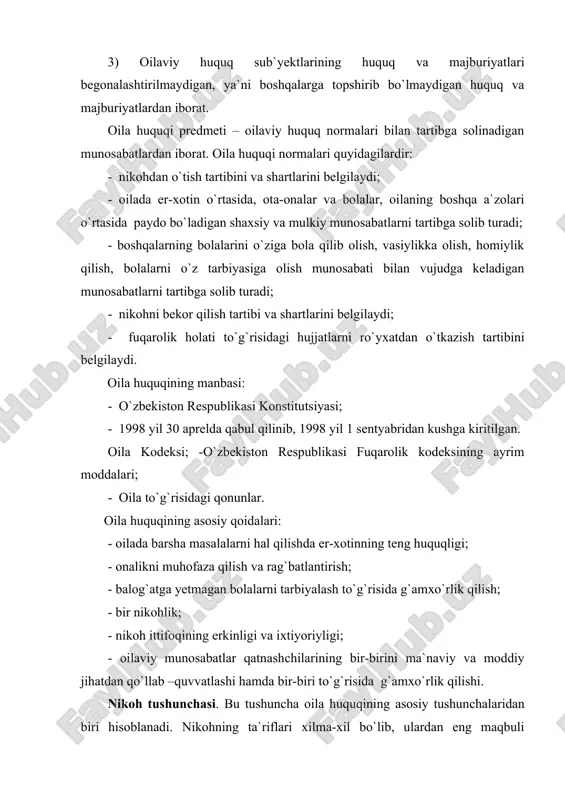 sh maqsadidagi o`zaro kelishilgan, butun umrga mo`ljallangan ittifoqdir”. nikoh va oila bir-biri bilan uzviy bog`liq tushunchalar. shu jihatdan, oila-eng avvalo jamiyat asosini tashkil etuvchi, bolalarni tarbiyalash va ularni shaxs sifatida shakllantirish muhiti bo`lgan birlamchi yacheykadir. yoki boshqacha qilib aytganda, oila jamiyatning ilk bo`g`inidir. oila muqaddasdir. jamiyat unga g`amho`rlik qiladi. oilaning muqaddasligiga yondashuv turlicha bo`lishi mumkin. bugungi kunda ayrim mutaxassislar, masalan,sotsiologlar oila bo`lishi uchun erkak va ayolning o`zaro munosabati yetarli asos deb hisoblamoqchi bo`ladilar. ularning fikricha farzandlar bu yerda rol o`ynamaydi. yuristlar esa oila bo`lishi uchun, albatta qonuniy nikoh bo`lishi, ya`ni erkak va ayolning o`zaro ittifoqi tegishli organlar ro`yxatidan o`tishi kerak, aks holda erkak va ayolning birga yashashi ( necha yilligidan qat`iy nazar) nikohni keltirib chiqarmaydi deb hisoblaydilar. shundan kelib chiqib diniy rasm-rusmga asoslangan nikohni huquqiy ahamiyatga ega emas deb e`tirof etiladi. nikoh shartlari: 1) o`zaro nikoh tuzishni istagan shaxsning nikoh yoshiga yetishi; 2) nikohdan o`tuvchilarning o`zaro roziliklari. bundan boshqa shartlar …