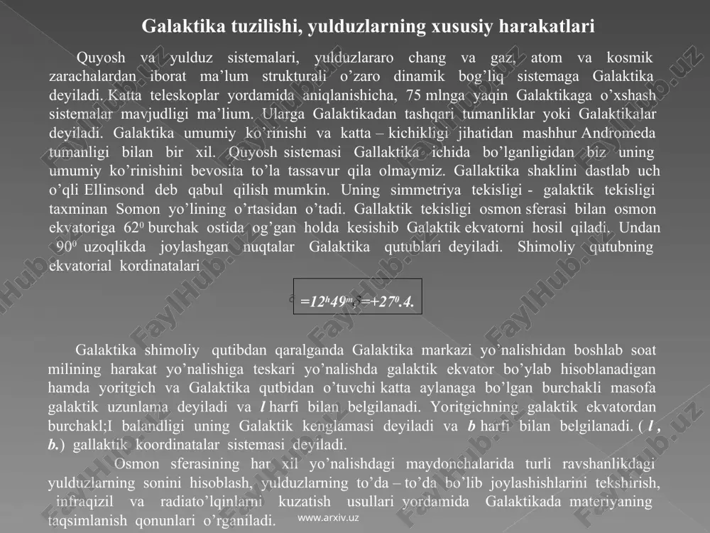 yuqlanish sohalar paydo bo’lgan bu quyuqlanish sohalar alohida massaga ega bo’lgan bulutlarni hosil qilgan ayrim bulutlar aylanish momentiga ega bo’lib markazga tomon yanada quyuqlana borgan, bulardan keyinchalik spiralsimon galaktikalar paydo bo’lgan ayrimlari deyarli amalda aylanmagan. bular elliptik galaktikalar hosil bo’lishiga olib kelgan markaziy quyuqlanishiga ega bo’lmay aylanish momentiga ega bo’lgan bulutlar noto’g’ri galaktikalar hosil bo’lishiga olib kelgan. galaktikalar aro chang bulutlari geliy va vodoroddan iborat boshlangich bo’lib ular yemirilish natijasida o’z markaziga tomon quyuqlanishni hosil qilgan. bunday quyuqlanishlarning tezligi 250 km/s ga ega bo’lib harakati tartibsiz bo’lgan ulardan sharsimon 1-avlod yulduz to’dalari paydo bo’lgan bular galaktikada sistemachalarni hosil qilgan. tez yulduz galaktikalari va sharsimon to’dalar galaktikamiz atrofida aynan hozirgi manzarani hosil qilgan. undan so’ng galaktikaning massif yoki missif emasligiga bog’liq ravishda har xil yo’nalishlar bo’ylab harakatlangan massif galaktikalarda evolyutsiya tezroq boradi. agar aylanish momenti katta bo’lsa sb galaktikalar nisbatan pastroq bo’lsa, sb galaktikalar kichik bo’lsa sa galaktikalar paydo bo’lgan. bizning …