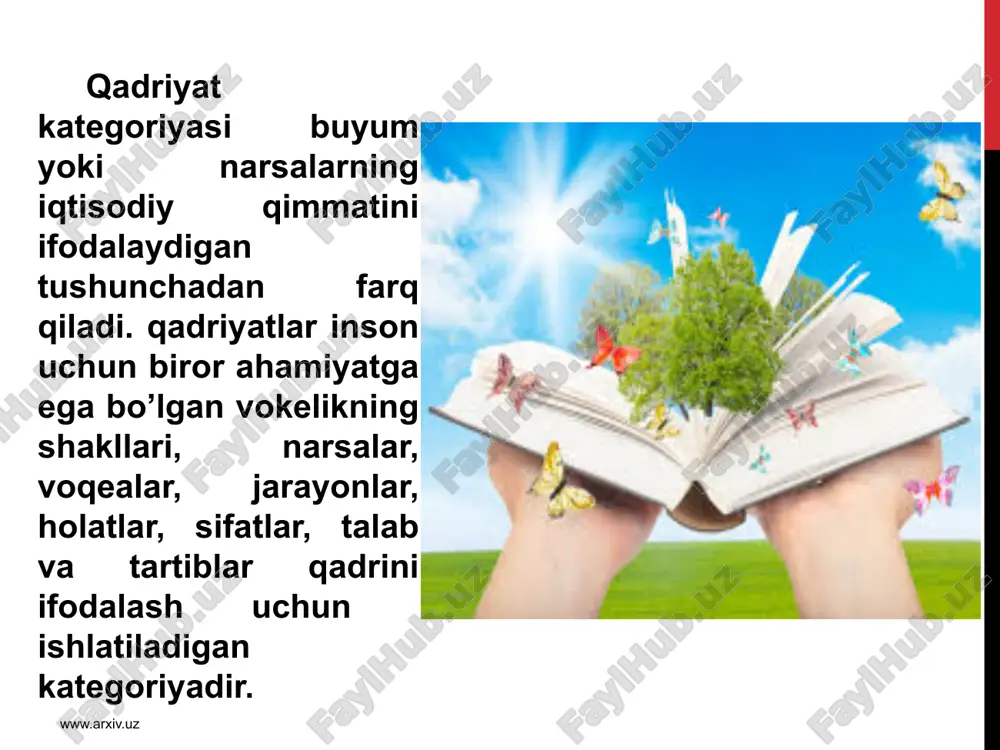 m, millat - o’zining qadriyatlarini vujudga keltirib, ularning yangi - yangi qirralarini va jihatlarini sayqallashtirib, rataqqiyot jarayonida atkomillashtirib turi-shi ma‘nosida o’z qadriyatlarining haqiqiy egasi, makon va zamondagi ilgarilanma harakatdan iborat o’zgarishlar jarayonida ularni o’tmishdan kelajakka atmon yetkazib boradigan eng asosiy ob‘ektdir» . www.arxiv.uz milliy qadriyatlarning negizini urf - odatlar, rasm -rusumlar, bayramu-sayillar atshkil eatdi. o’zbek milliy qadri-yatlari mazmunida insonparvarlik g’oy-alari yoatdi. uzoq atrix davomida o’zbeklarning o’zaro munosabatlarida, kundalik turmush atrzida o’zaro hamkorlik va hamdardlik, vafodorlik va o’zaro hurmat, biri - biriga suyanish va yaxshi qo’shnichilik, bolajonlik va oat - onaga hurmat, mehr - oqibat va sadoqat har tomonlama e‘zozlanib kelinadi. milliy qadriyatlar o’sha mil-latga mansub har bir kishi tomonidan yaratilgan, insoniylik, odamiylikka xos fazi-latlar, xislatlar, xosiyatlarni milliy - madaniy meros xazinasiga qo’shgan hissasini ifodalovchi buyuk ko’rsatkichdir. www.arxiv.uz milliy qadriyatlarni tiklash - ularga hozirgi zamonga mos yangi mazmun ato etish demakdir. xuddi shuning uchun ham, o’zbekiston davlat musatqilligiga erishishi bilan mamlakatimizga …