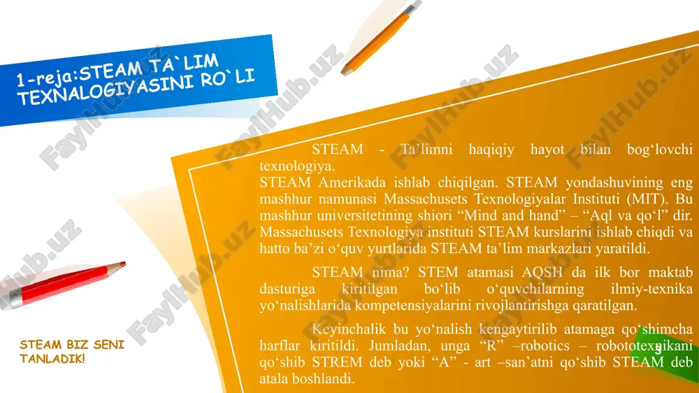 ki professional rahbarlik. - bolalarni hayotning texnologik yangiliklariga tayyorlash. - stem, asosiy ta'lim dasturining (bep) majburiy qismiga qo'shimcha sifatida. 11 "matematik rivojlanish" o'quv moduli ta'lim maqsadlari: geometrik shakllar va qattiq jismlar bilan tanishtirish. fazoviy va vaqtinchalik orientatsiya. - raqamlarni raqamlarning belgilari (belgilari) sifatida o'zlashtirish. - miqdor haqida tasavvurlarni shakllantirish va miqdoriy munosabatlarni rivojlantirish. - hisoblash va hisoblash faoliyatini o'zlashtirish. "tajriba" o'quv moduli ta'lim maqsadlari: - eksperimental faoliyatda atrofimizdagi dunyo haqidagi tasavvurlarni shakllantirish. - vizual va hissiy idrok etish jarayonida barcha tirik mavjudotlarning birligini anglash. "lego qurilishi" o'quv moduli ta'lim maqsadlari: - amaliy va aqliy tajriba o'tkazish qobiliyati; - umumlashtirish, sabab-oqibat munosabatlarini o'rnatish; - nutqni rejalashtirish va o'z faoliyati jarayoni va natijalarini og'zaki sharhlash; ob'ektlarni guruhlash qobiliyati; hayotning turli sohalarida ogohlikni namoyon etish qobiliyati; ona tilini ravon bilish (lug'at, nutqning grammatik tuzilishi, fonetik tizim, semantik tuzilish haqidagi elementar g'oyalar), yangi tasvirlarni yaratish, fantaziya qilish, analogiya va sintezdan foydalanish qobiliyati. multfilmlar studiyasining …